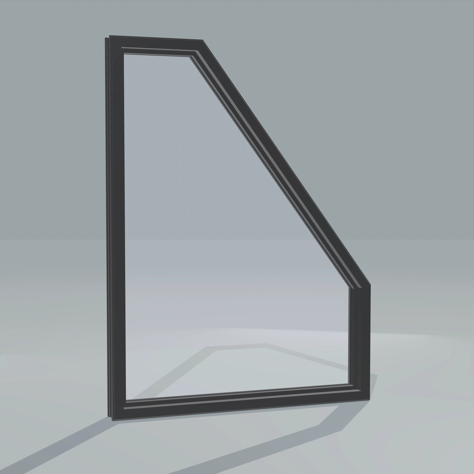 Angled interior view of the 36 × 48 inch polygon (left), black exterior / black interior, without nailing flange