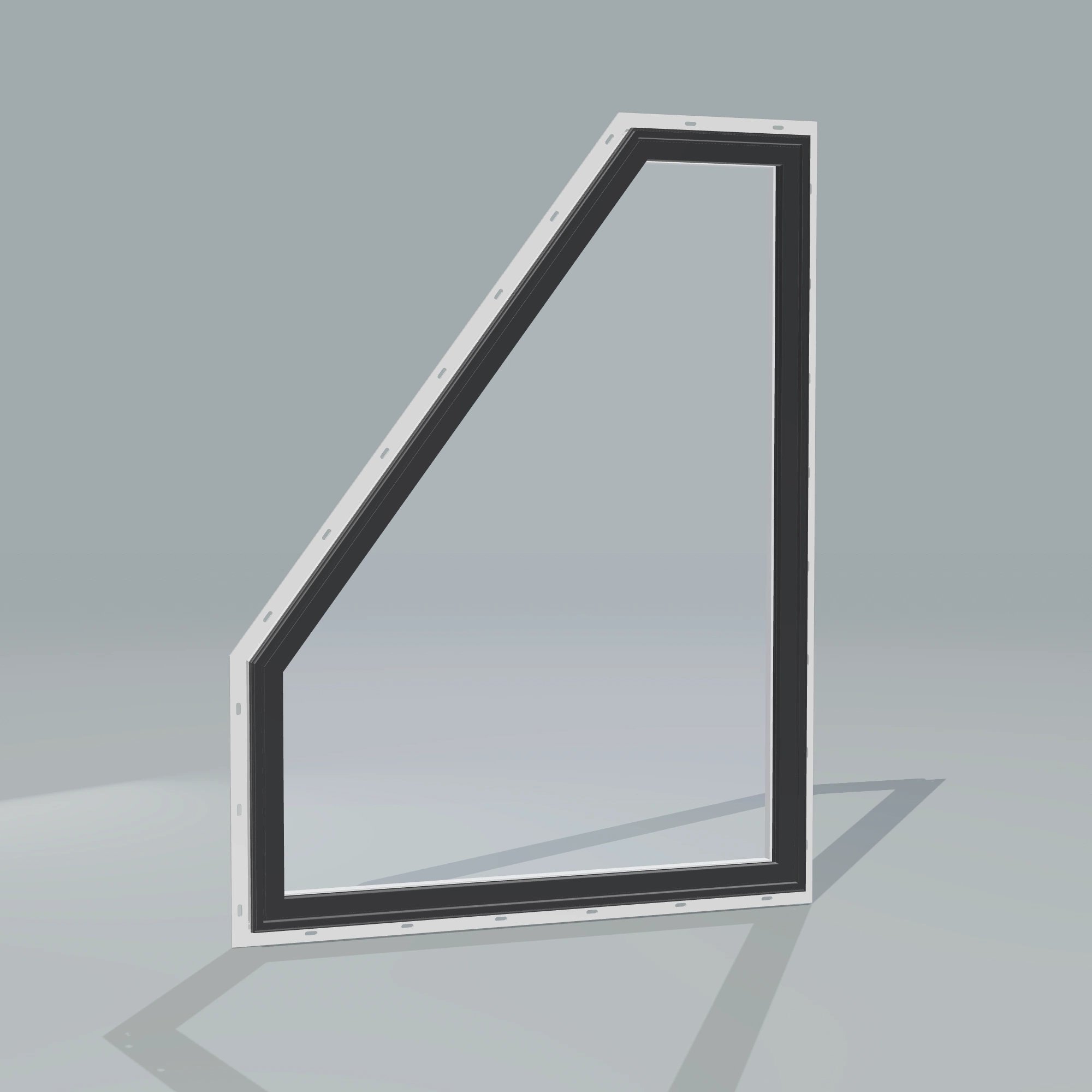 Angled exterior configurator view of the 36 × 48 inch polygon (left), black exterior / white interior, with nailing flange