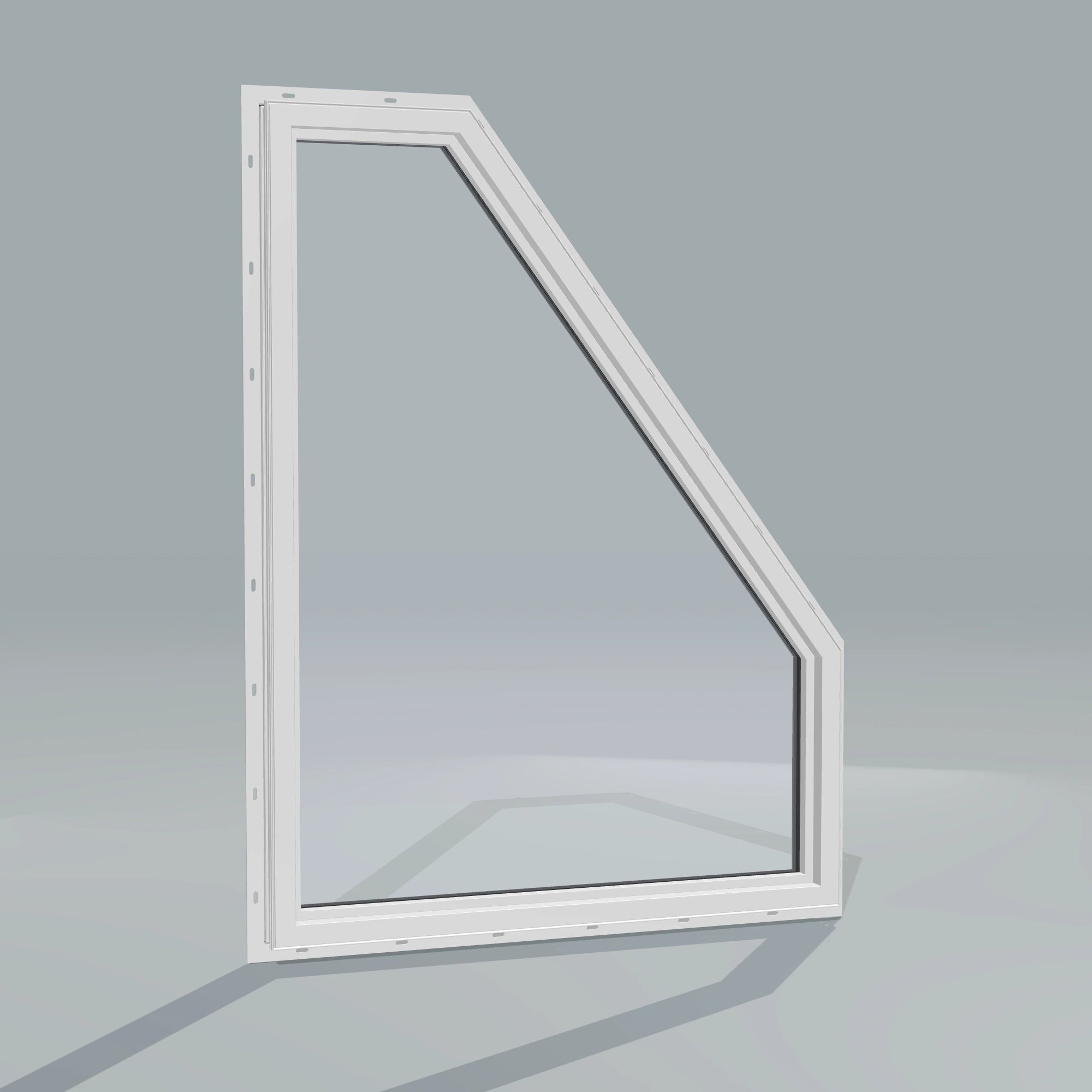 Angled interior view of the 36 × 48 inch polygon (left), black exterior / white interior, with nailing flange