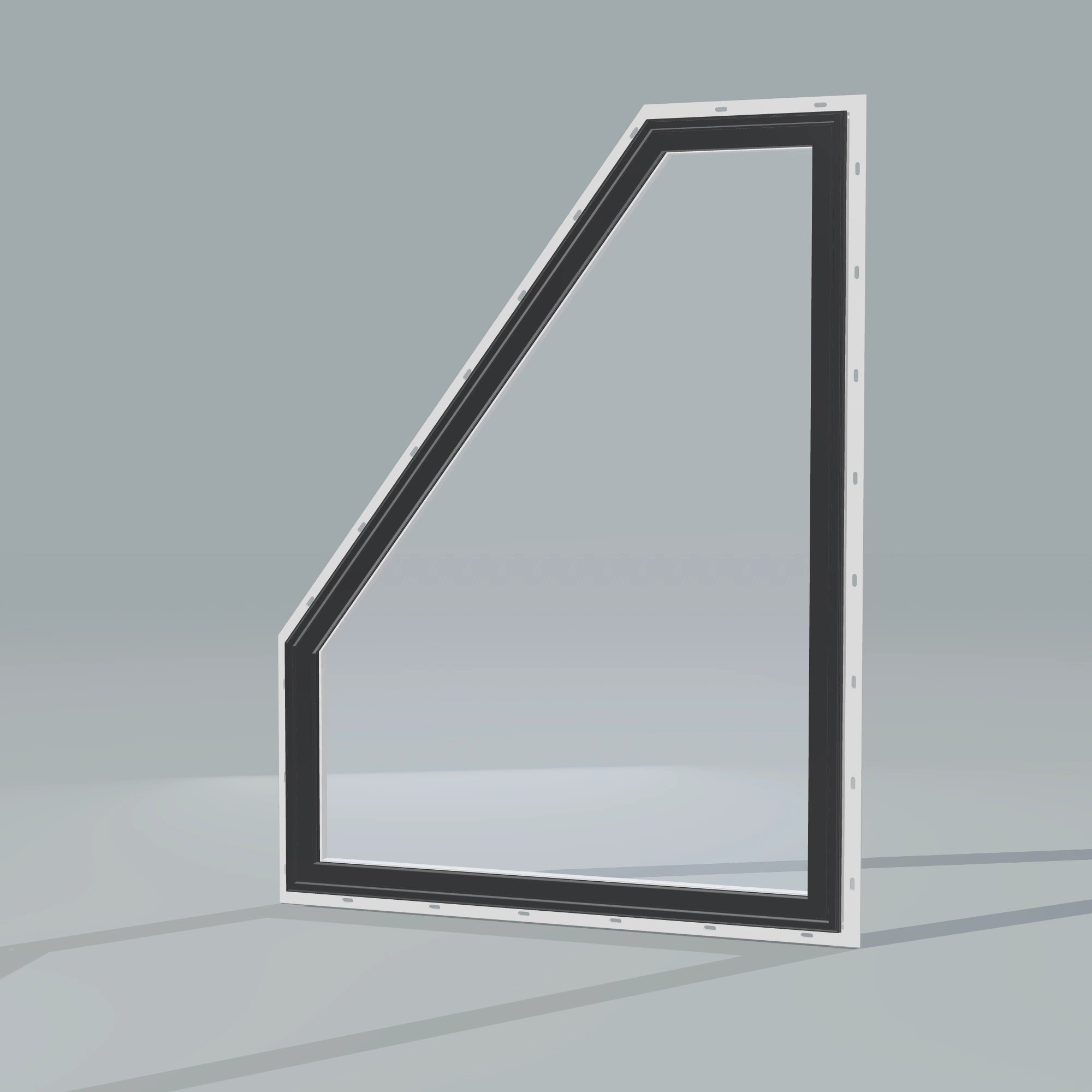 Opposite exterior angle of the 36 × 48 inch polygon (left), black exterior / white interior, with nailing flange