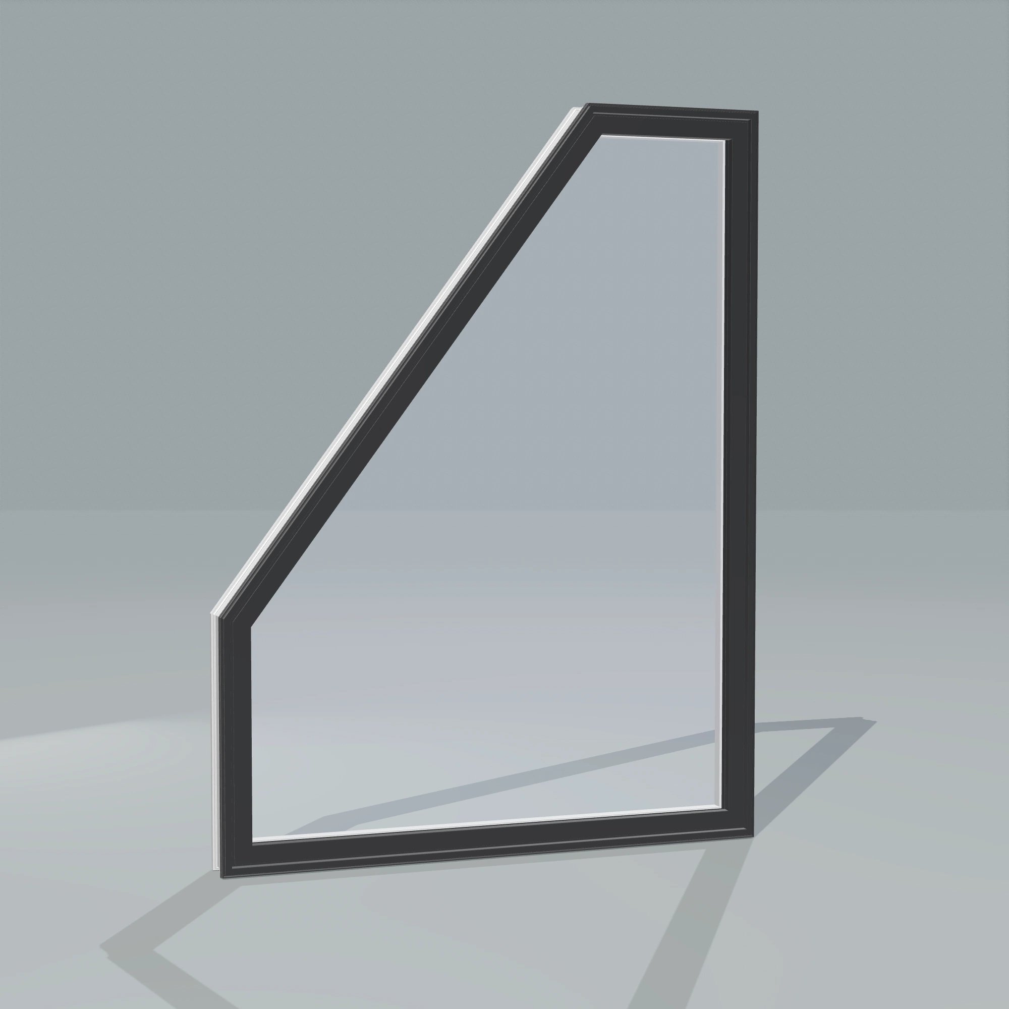 Angled exterior configurator view of the 36 × 48 inch polygon (left), black exterior / white interior, without nailing flange