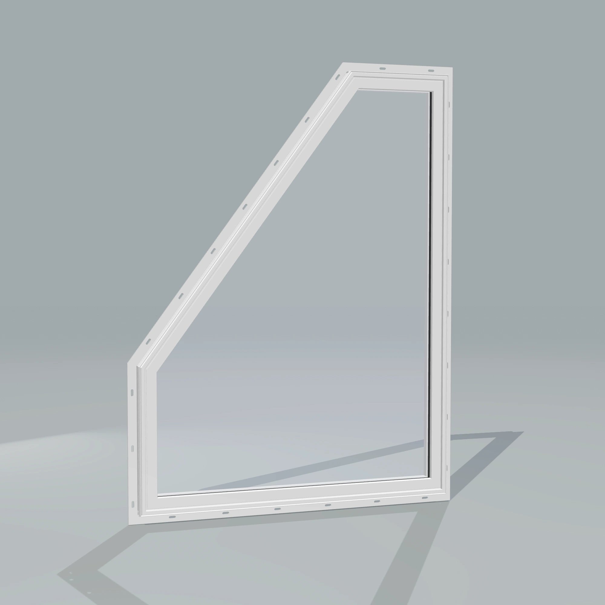 Angled exterior configurator view of the 36 × 48 inch polygon (left), white exterior / white interior, with nailing flange