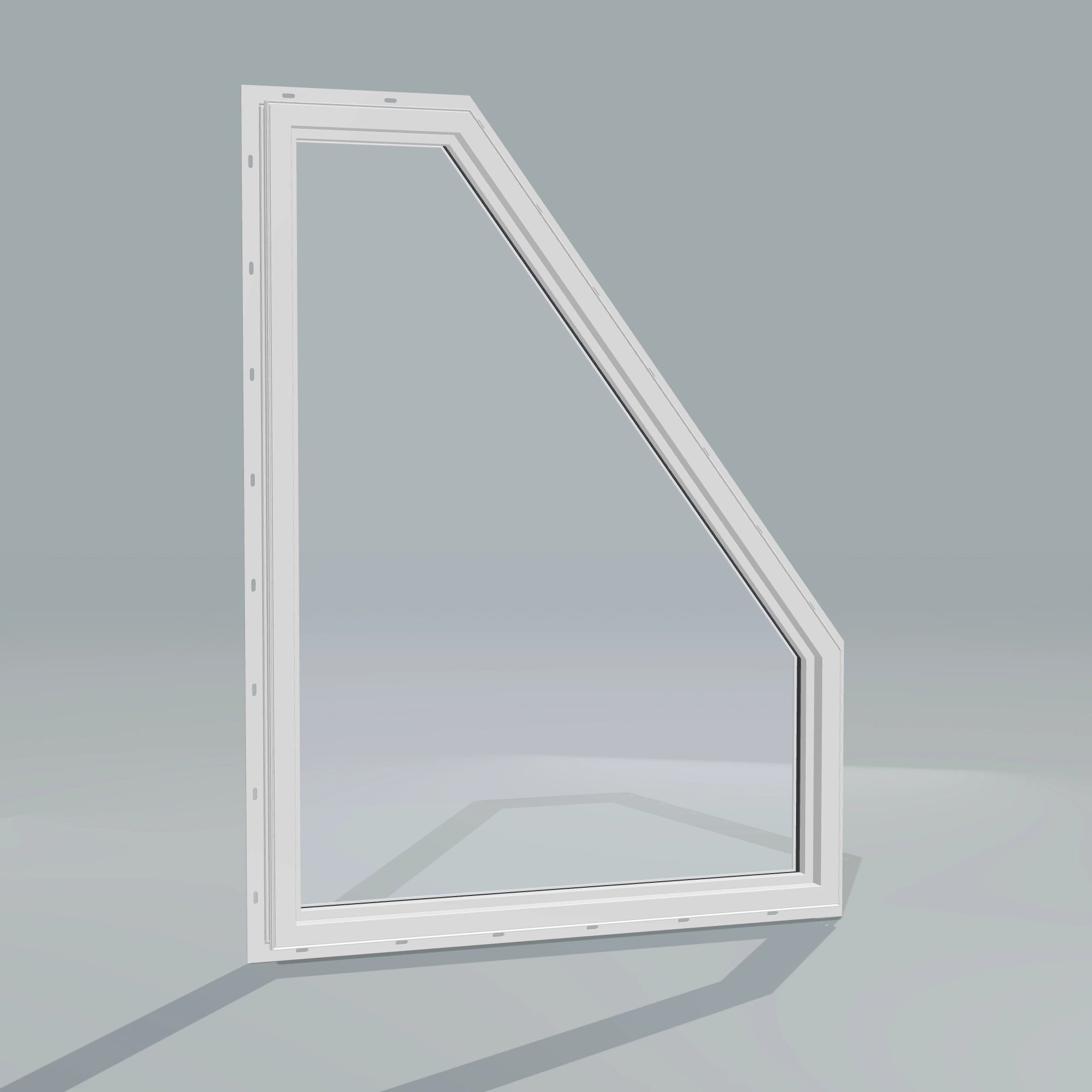 Angled interior view of the 36 × 48 inch polygon (left), white exterior / white interior, with nailing flange