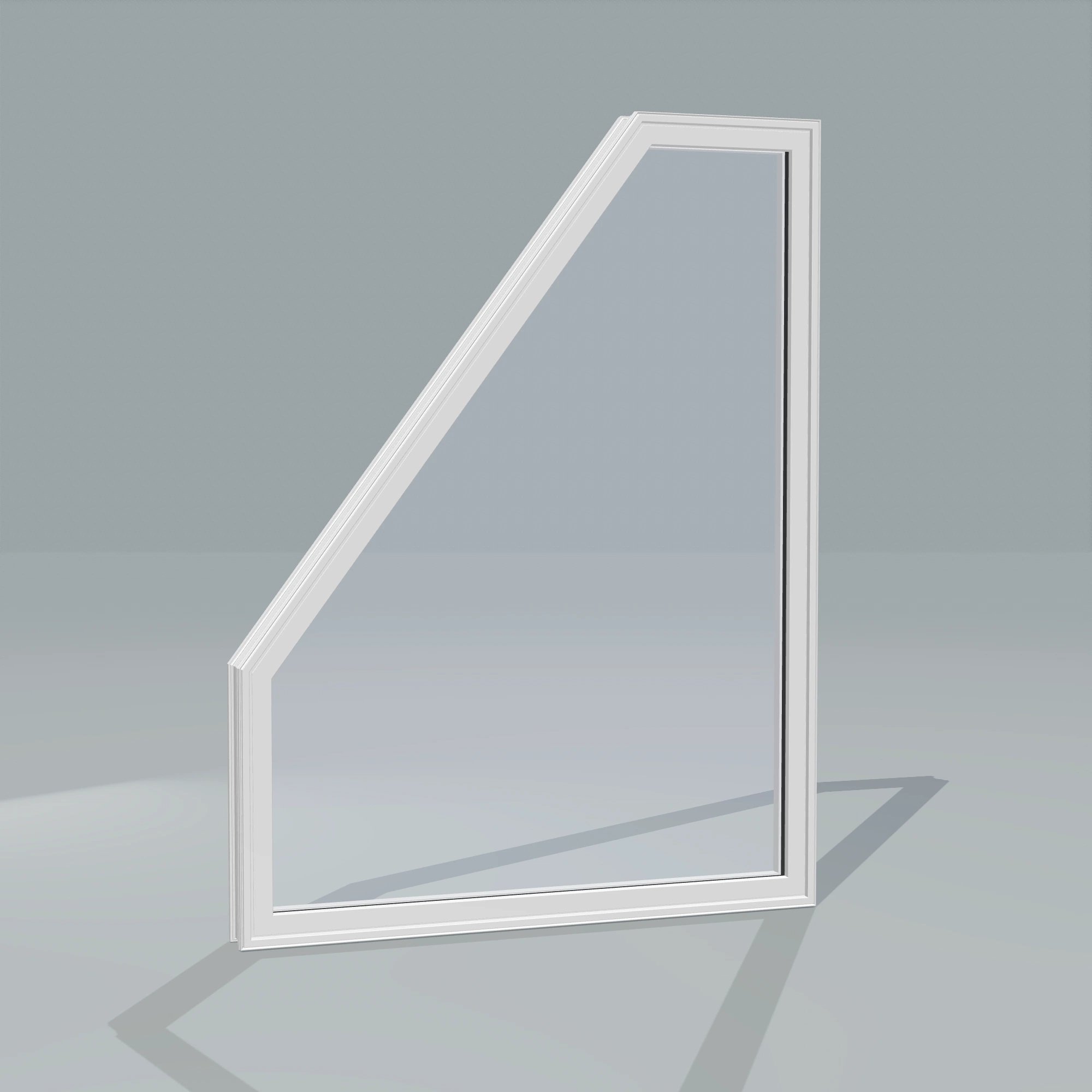 Angled exterior configurator view of the 36 × 48 inch polygon (left), white exterior / white interior, without nailing flange