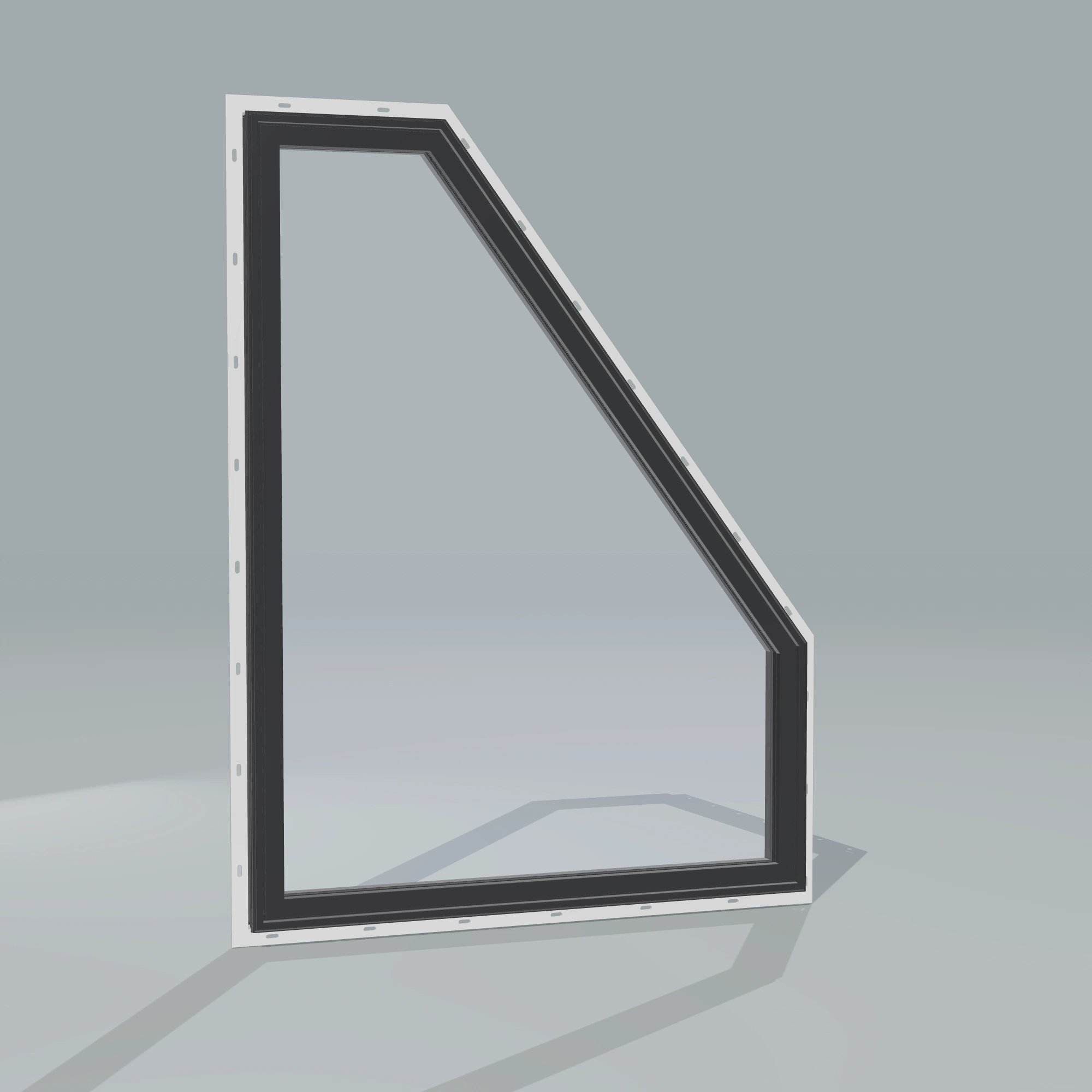 Angled exterior configurator view of the 36 × 48 inch polygon (right), black exterior / black interior, with nailing flange