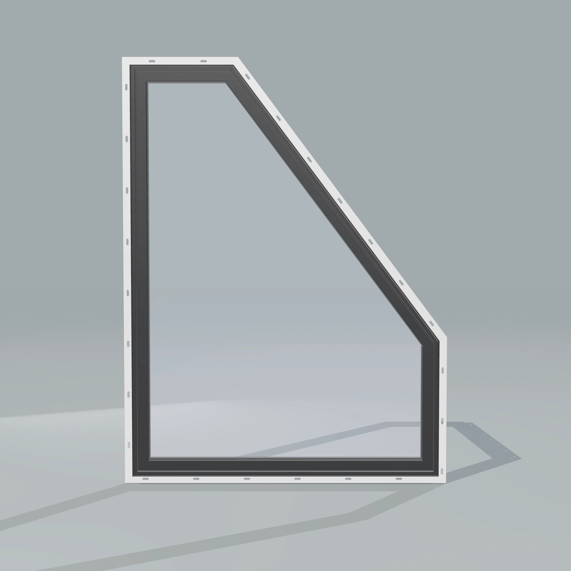 Straight exterior view of the 36 × 48 inch polygon (right), black exterior / black interior, with nailing flange