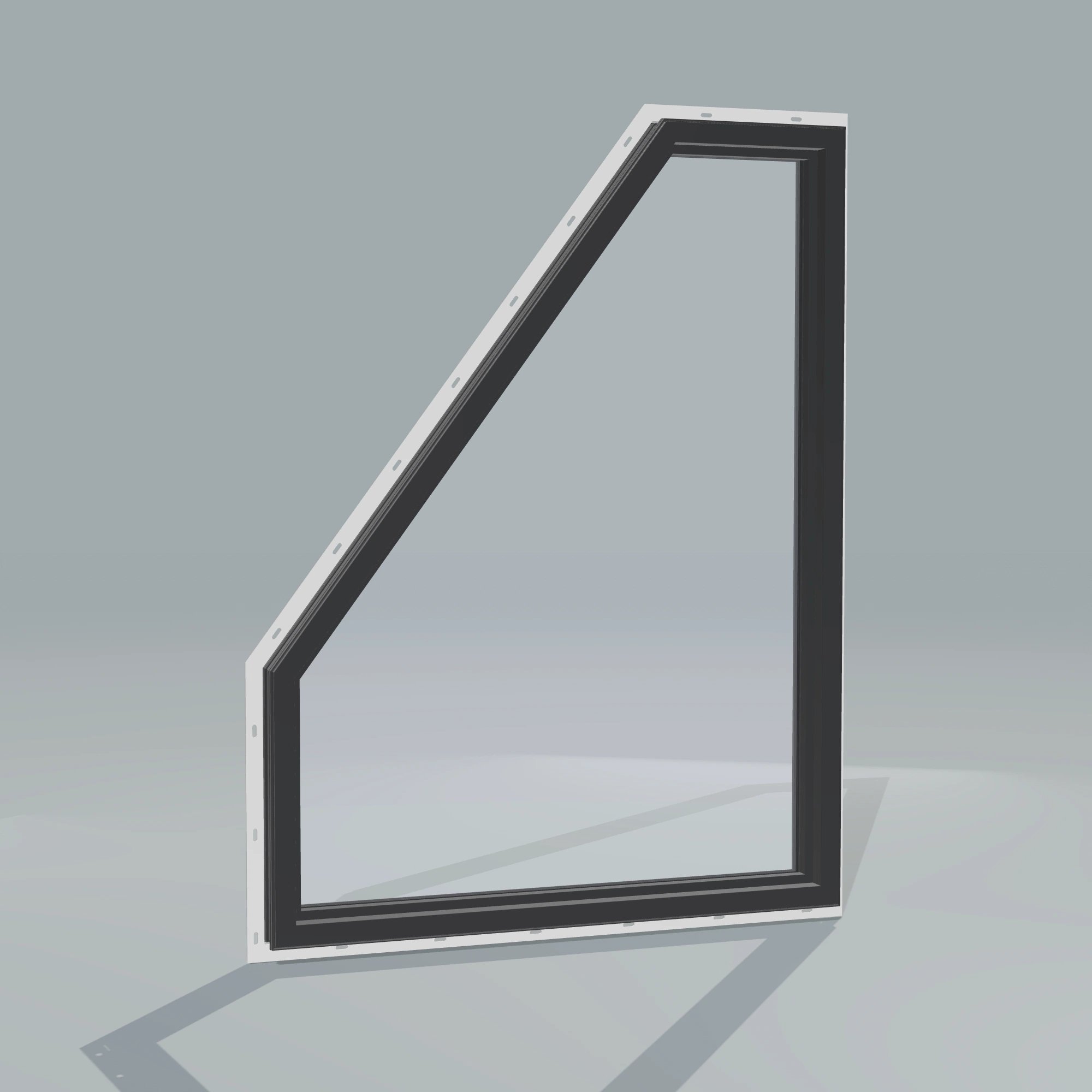Angled interior view of the 36 × 48 inch polygon (right), black exterior / black interior, with nailing flange