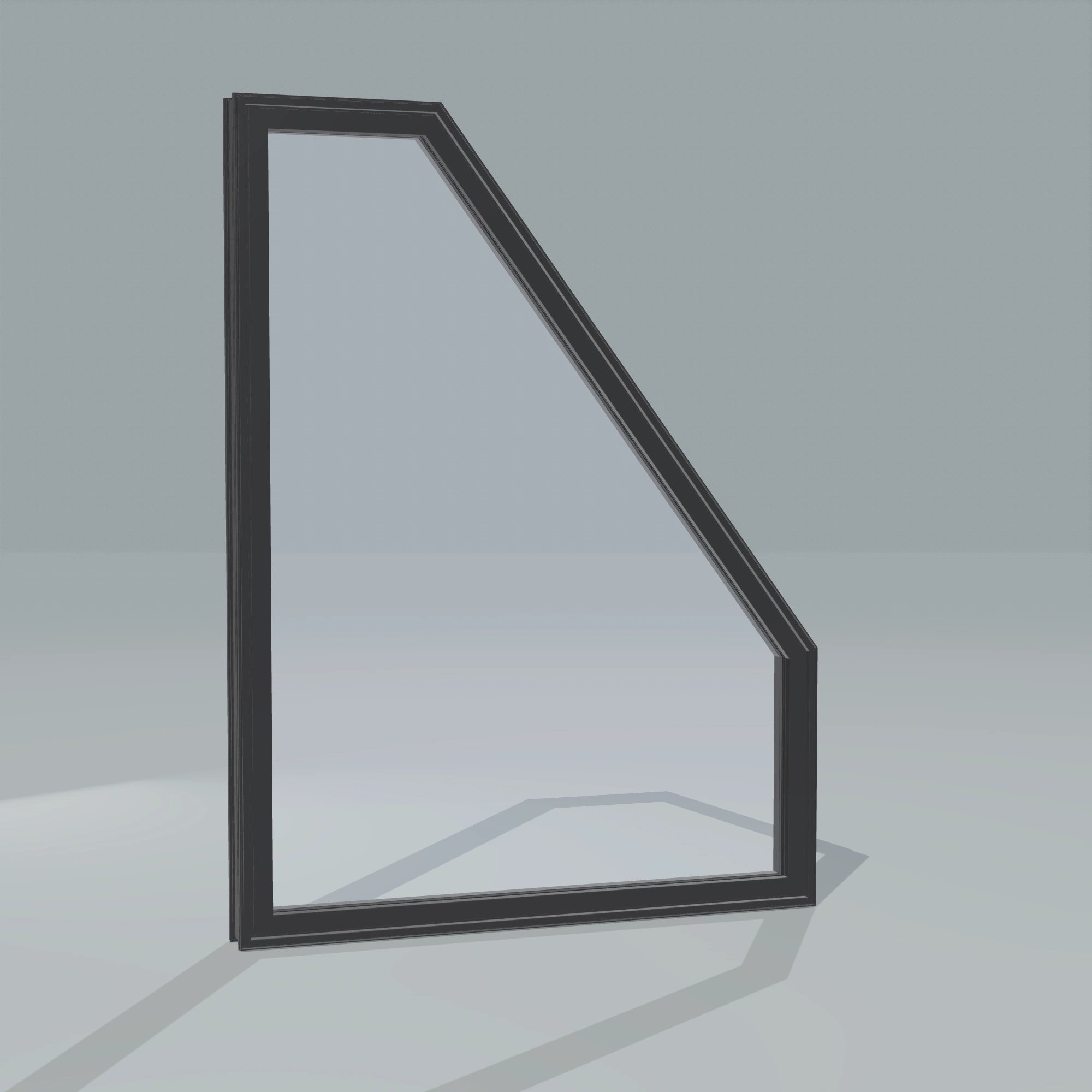 Angled exterior configurator view of the 36 × 48 inch polygon (right), black exterior / black interior, without nailing flange
