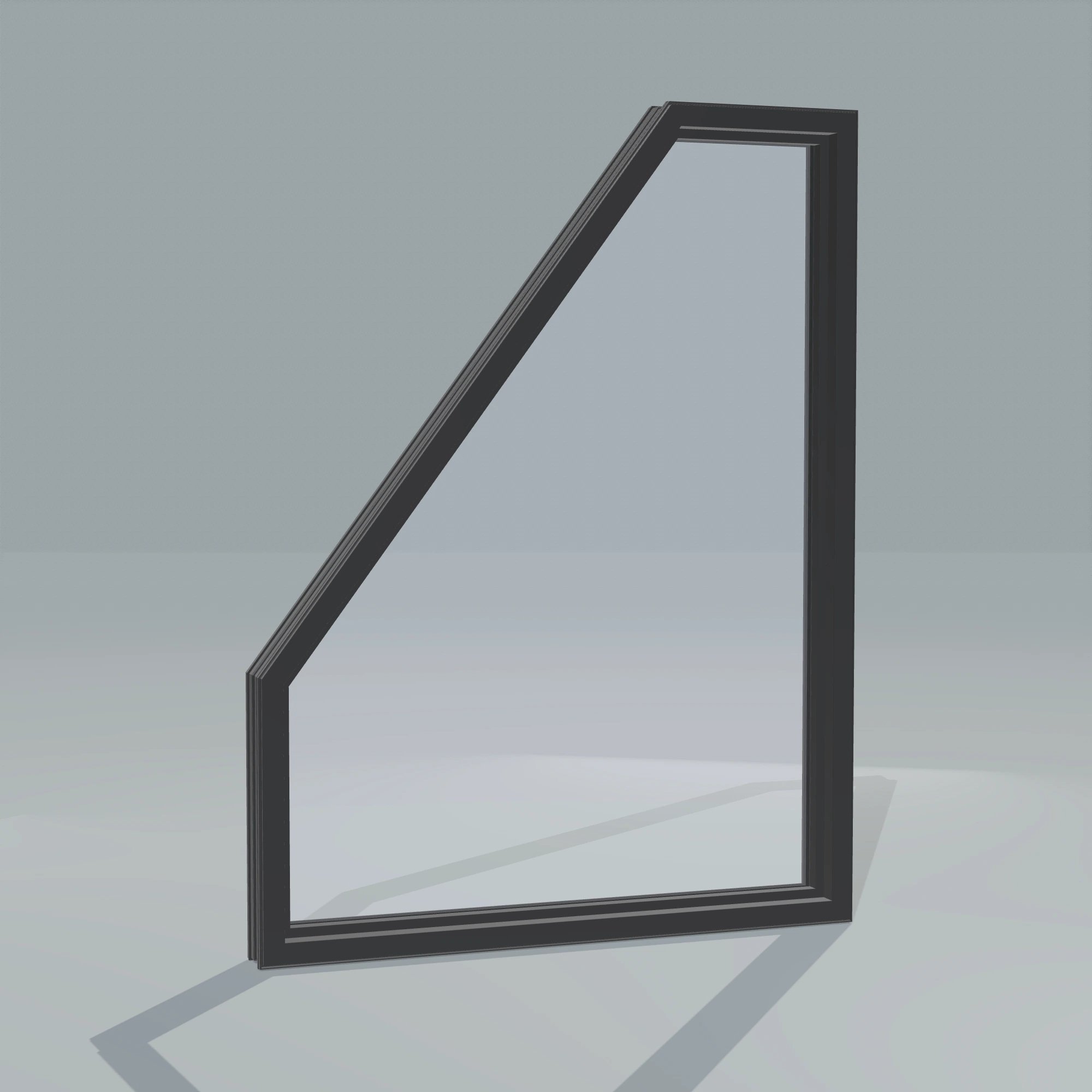 Angled interior view of the 36 × 48 inch polygon (right), black exterior / black interior, without nailing flange