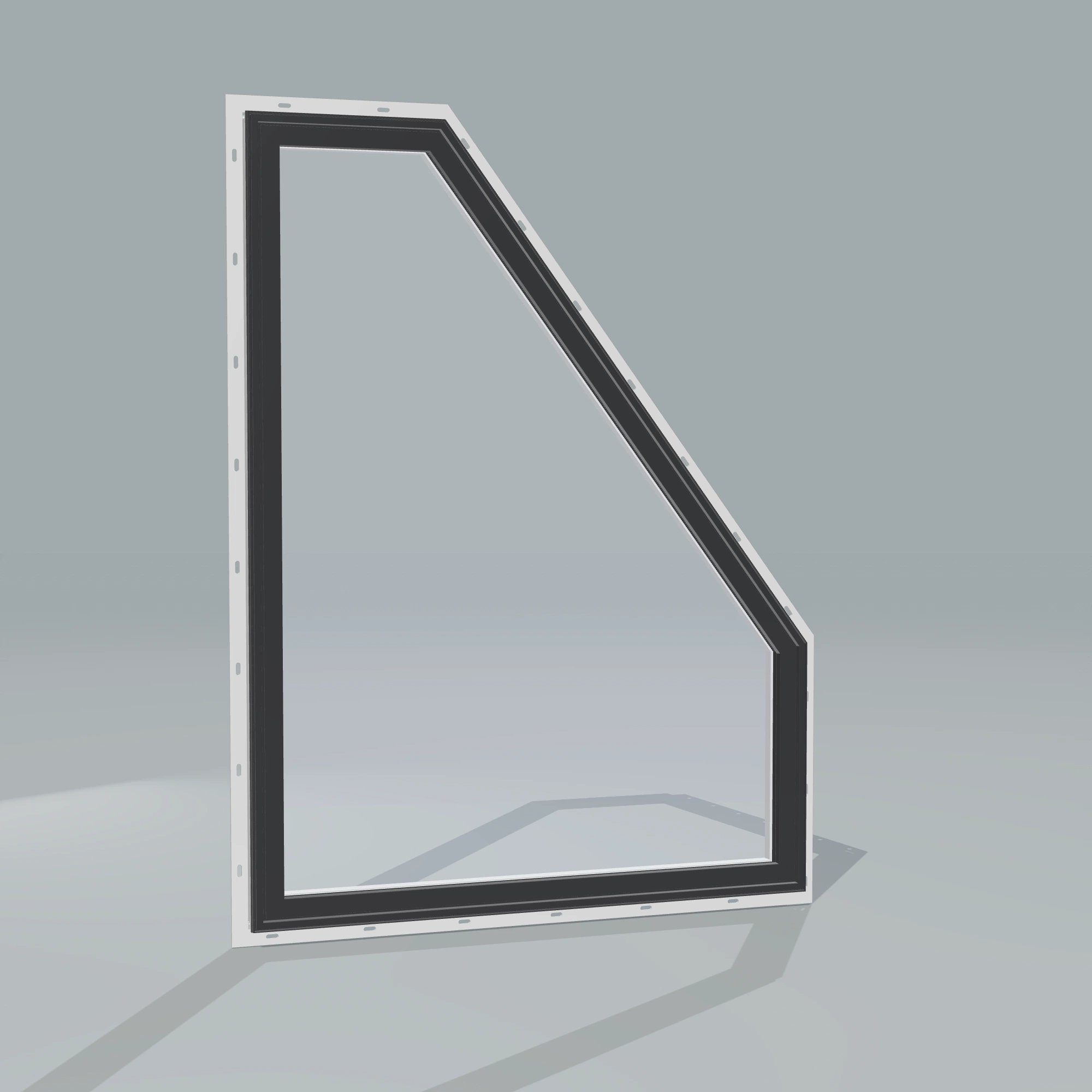 Angled exterior configurator view of the 36 × 48 inch polygon (right), black exterior / white interior, with nailing flange