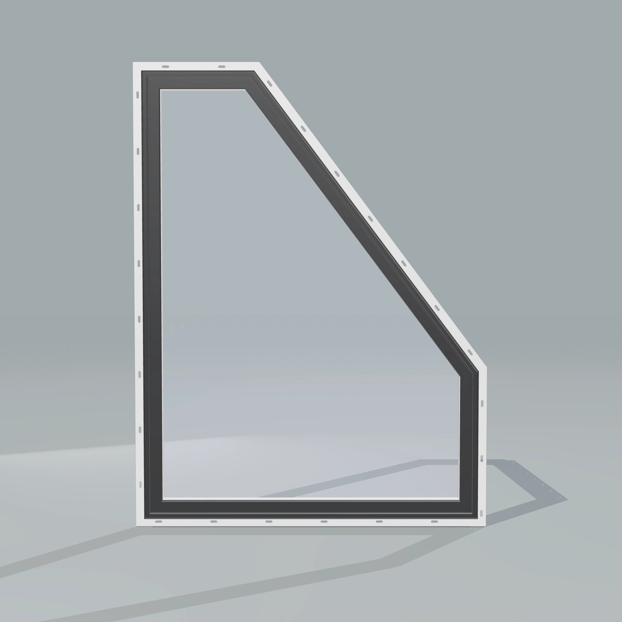 Straight exterior view of the 36 × 48 inch polygon (right), black exterior / white interior, with nailing flange