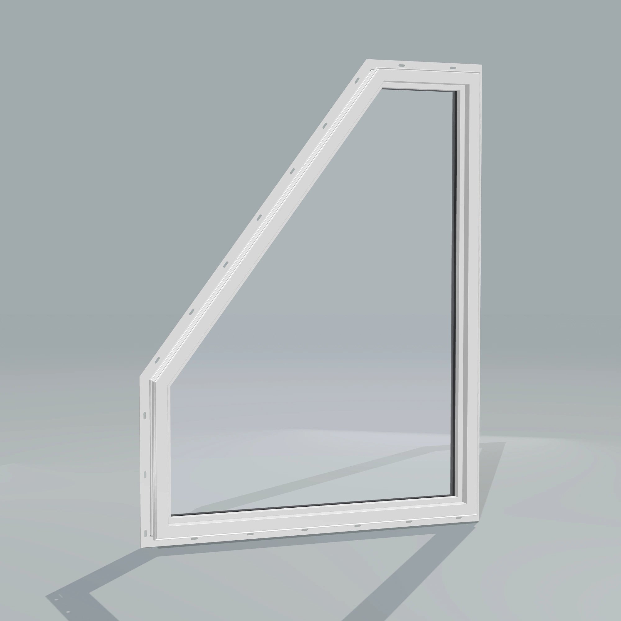 Angled interior view of the 36 × 48 inch polygon (right), black exterior / white interior, with nailing flange