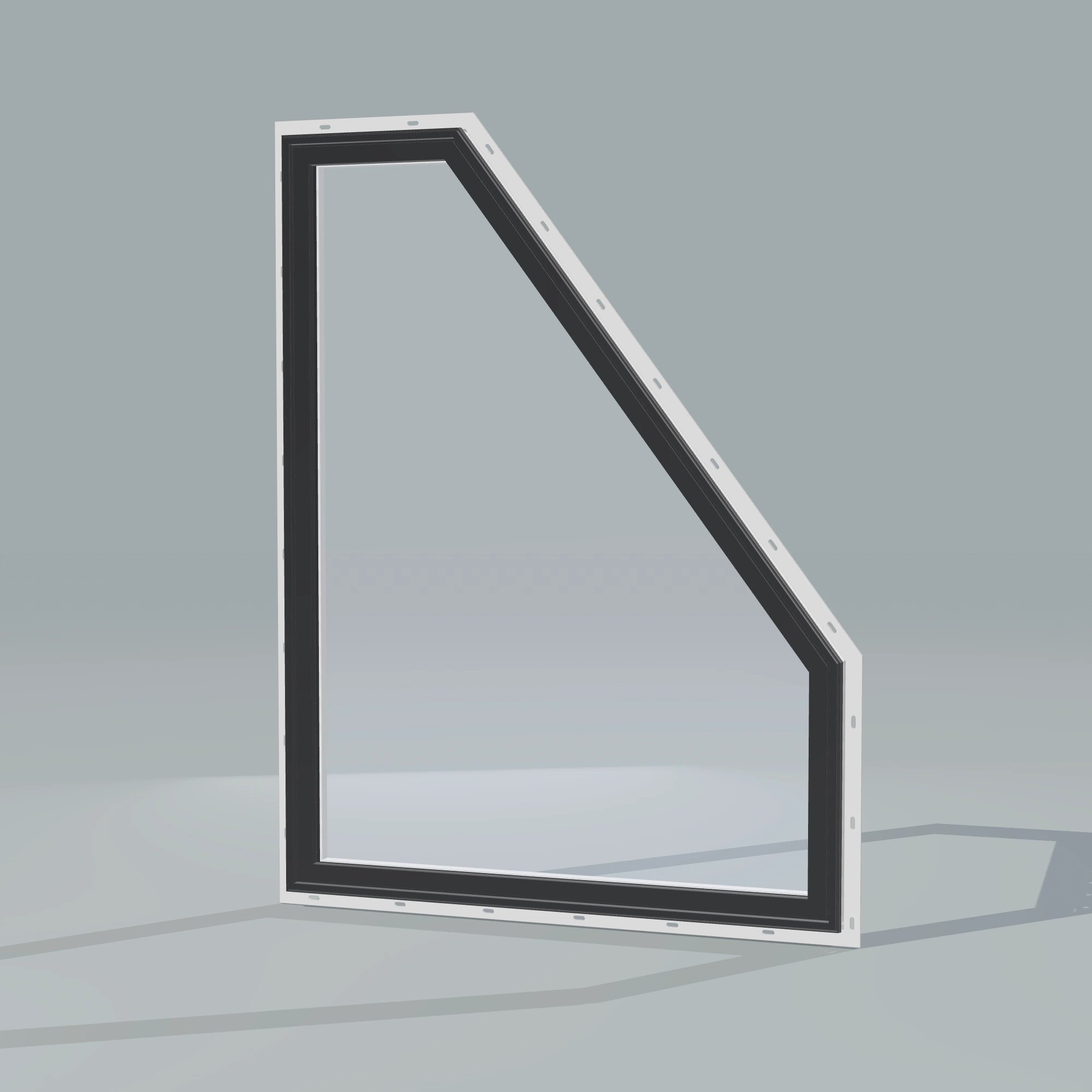 Opposite exterior angle of the 36 × 48 inch polygon (right), black exterior / white interior, with nailing flange