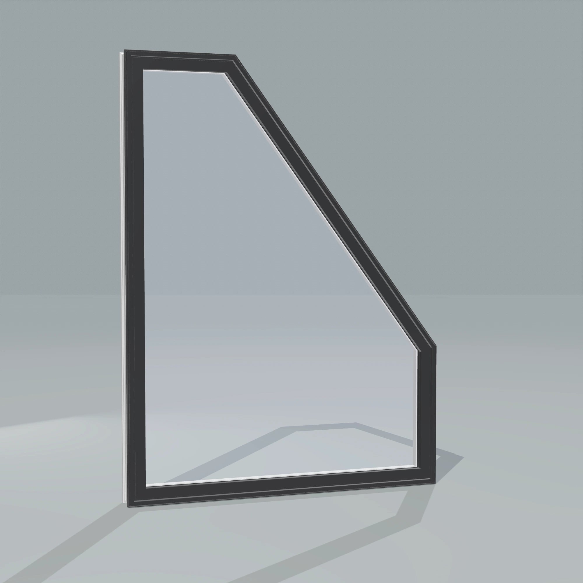 Angled exterior configurator view of the 36 × 48 inch polygon (right), black exterior / white interior, without nailing flange