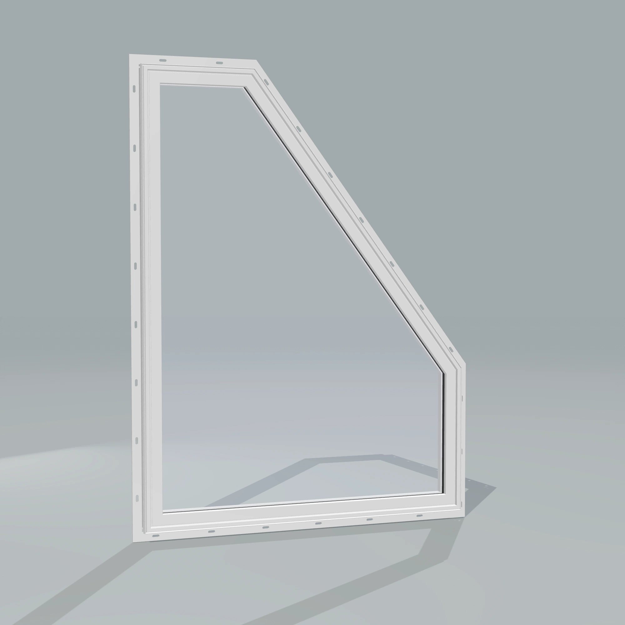 Angled exterior configurator view of the 36 × 48 inch polygon (right), white exterior / white interior, with nailing flange