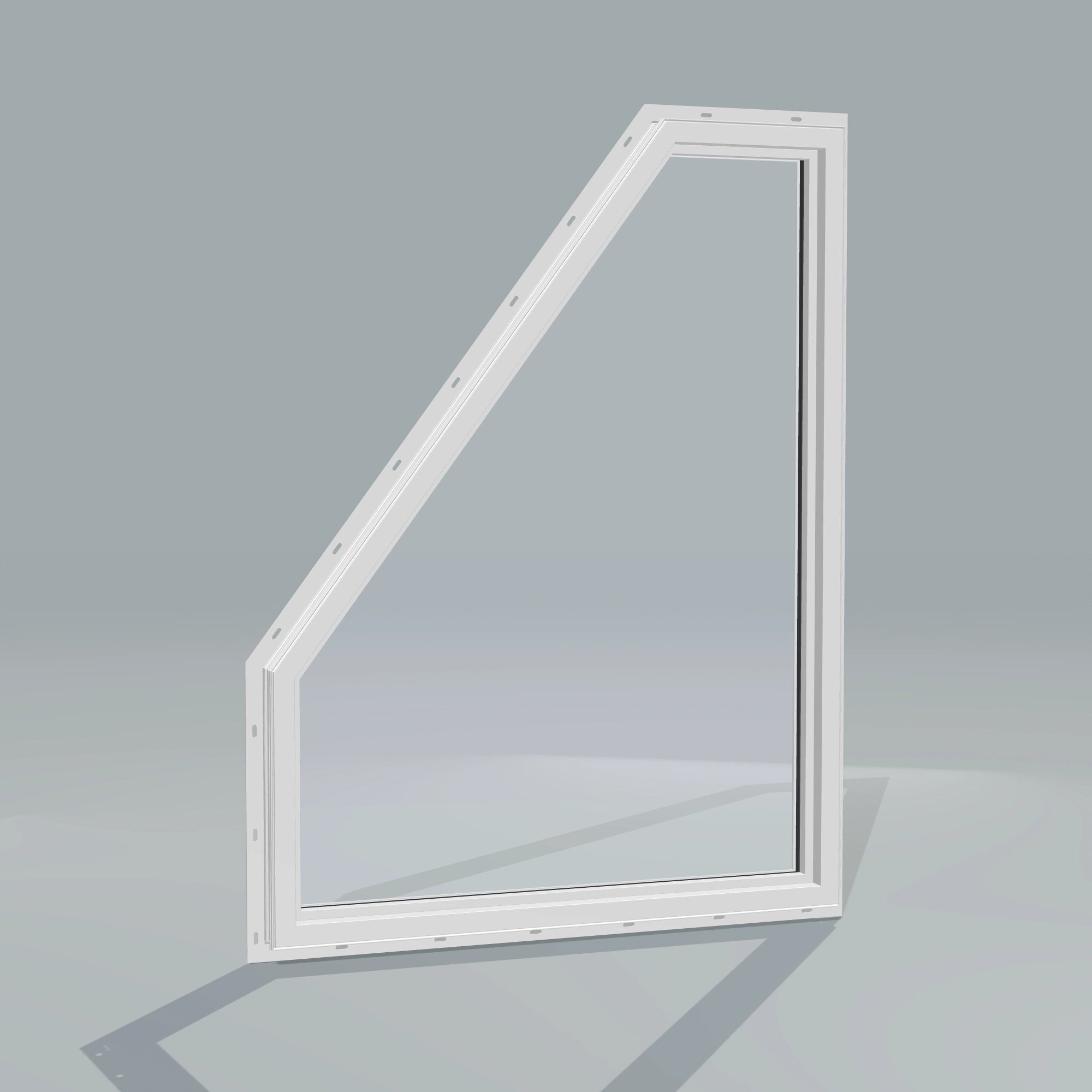 Angled interior view of the 36 × 48 inch polygon (right), white exterior / white interior, with nailing flange