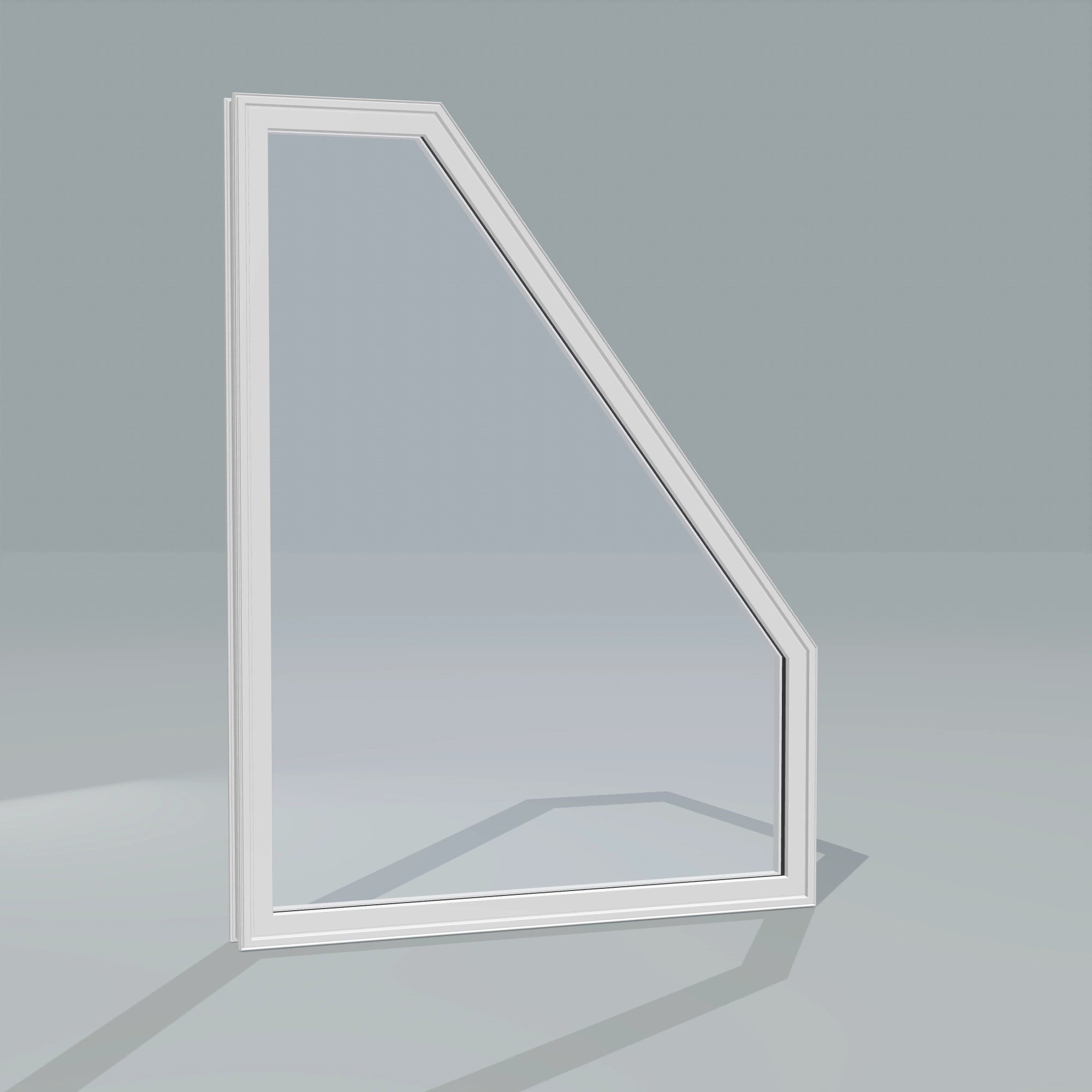 Angled exterior configurator view of the 36 × 48 inch polygon (right), white exterior / white interior, without nailing flange