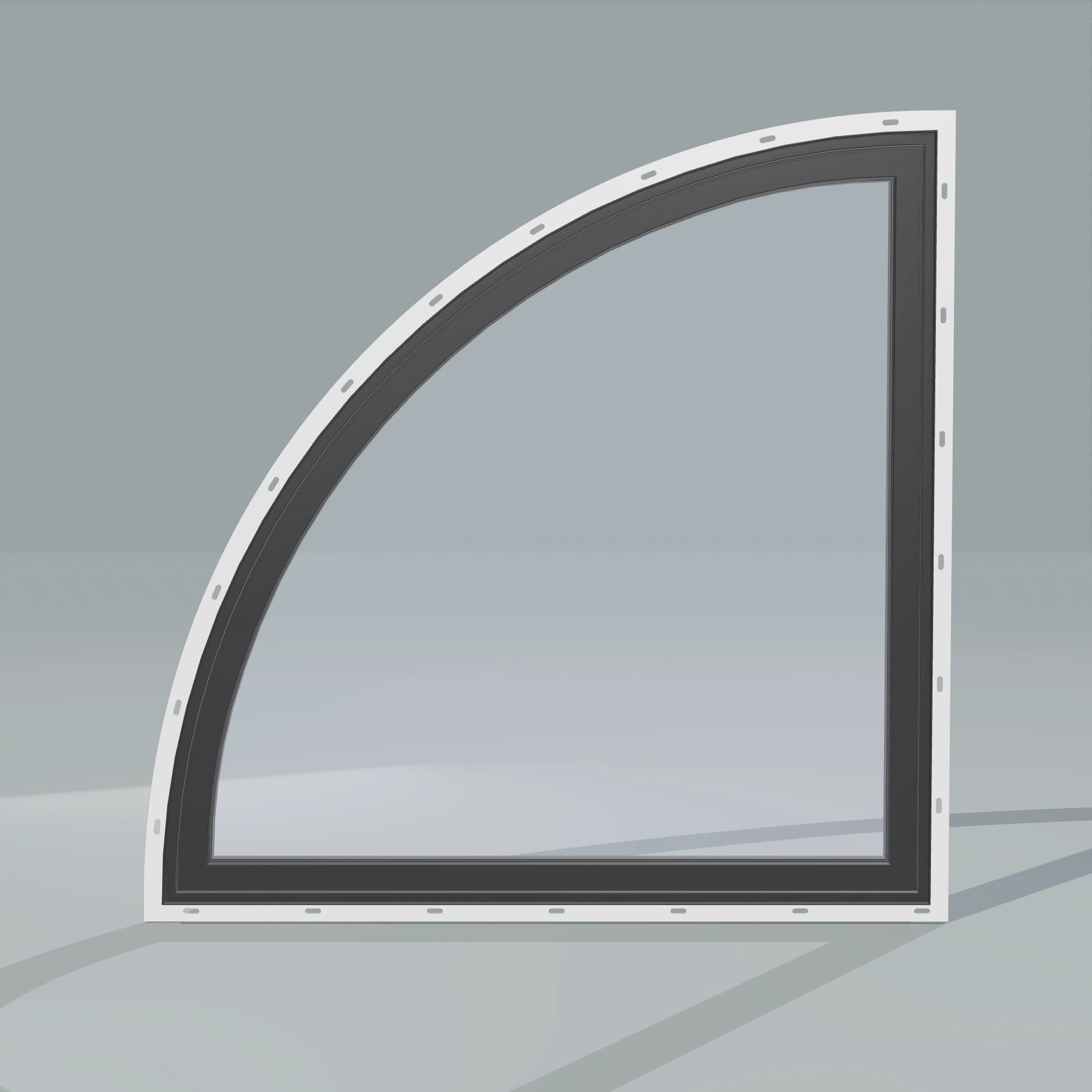 Straight exterior view of the 36 × 36 inch quarter round (left), black exterior / black interior, with nailing flange