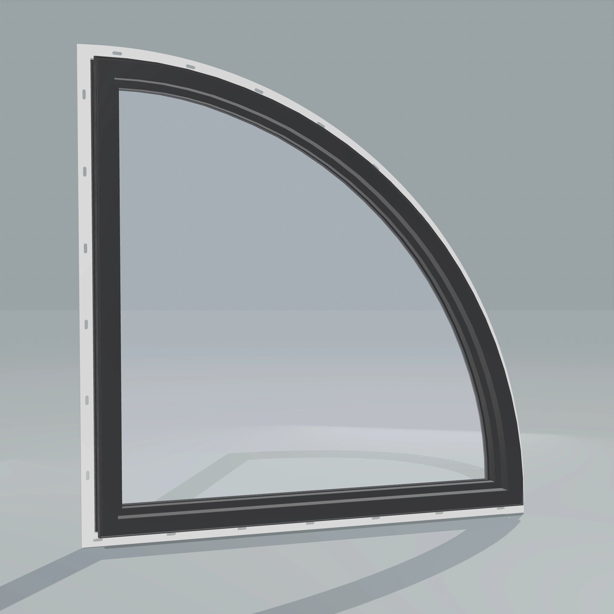 Angled interior view of the 36 × 36 inch quarter round (left), black exterior / black interior, with nailing flange