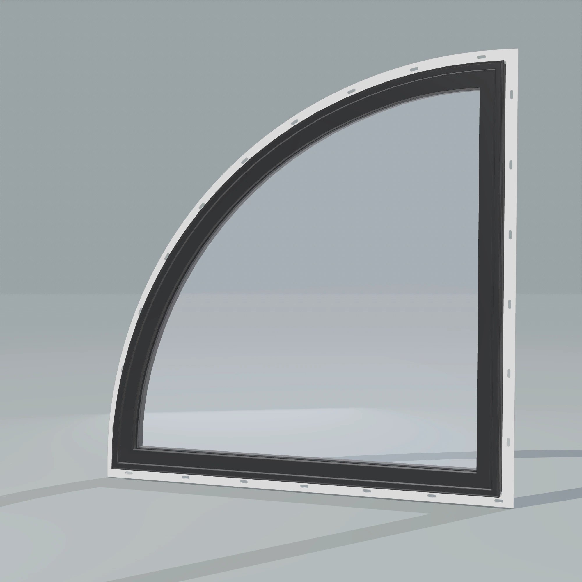 Opposite exterior angle of the 36 × 36 inch quarter round (left), black exterior / black interior, with nailing flange