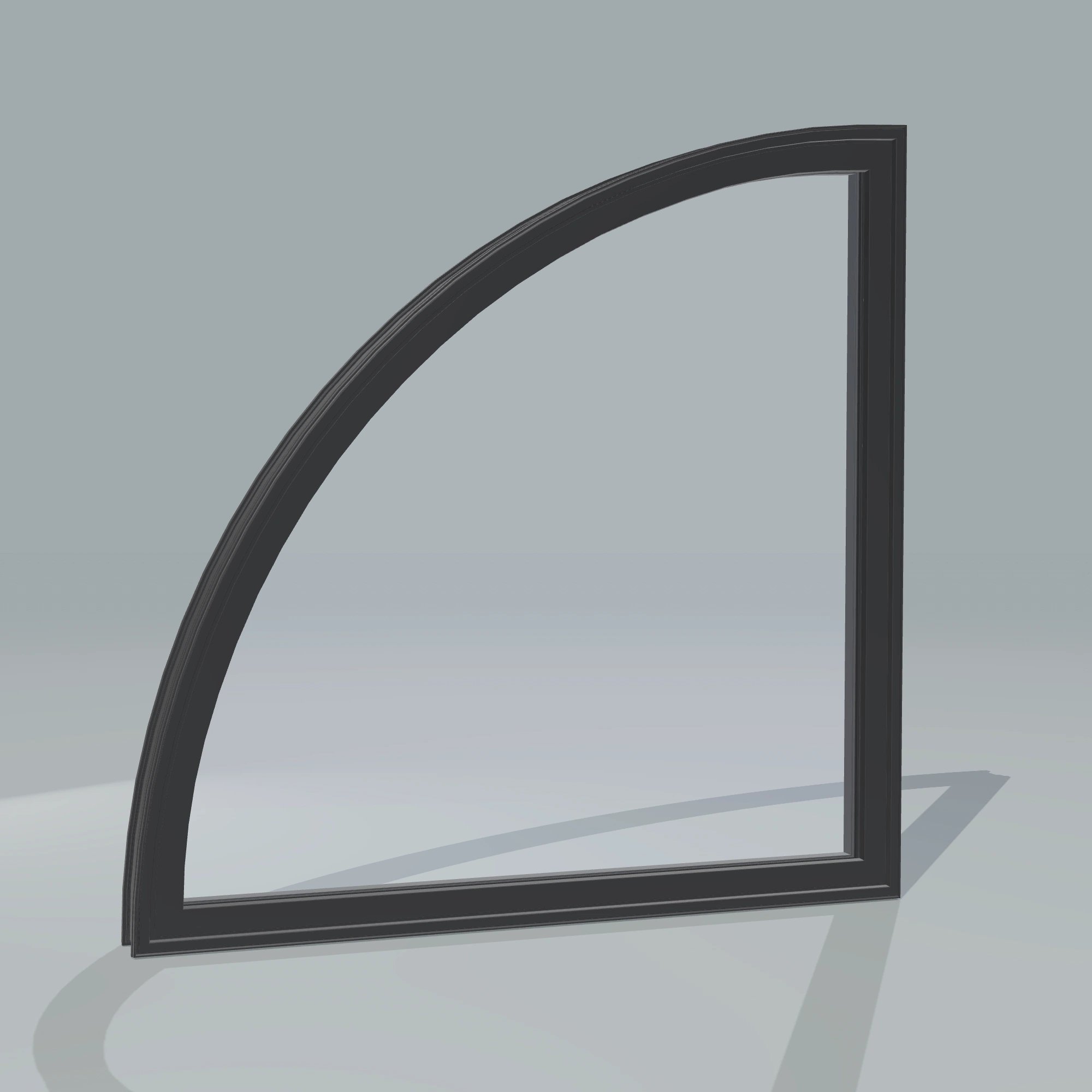 Angled exterior configurator view of the 36 × 36 inch quarter round (left), black exterior / black interior, without nailing flange