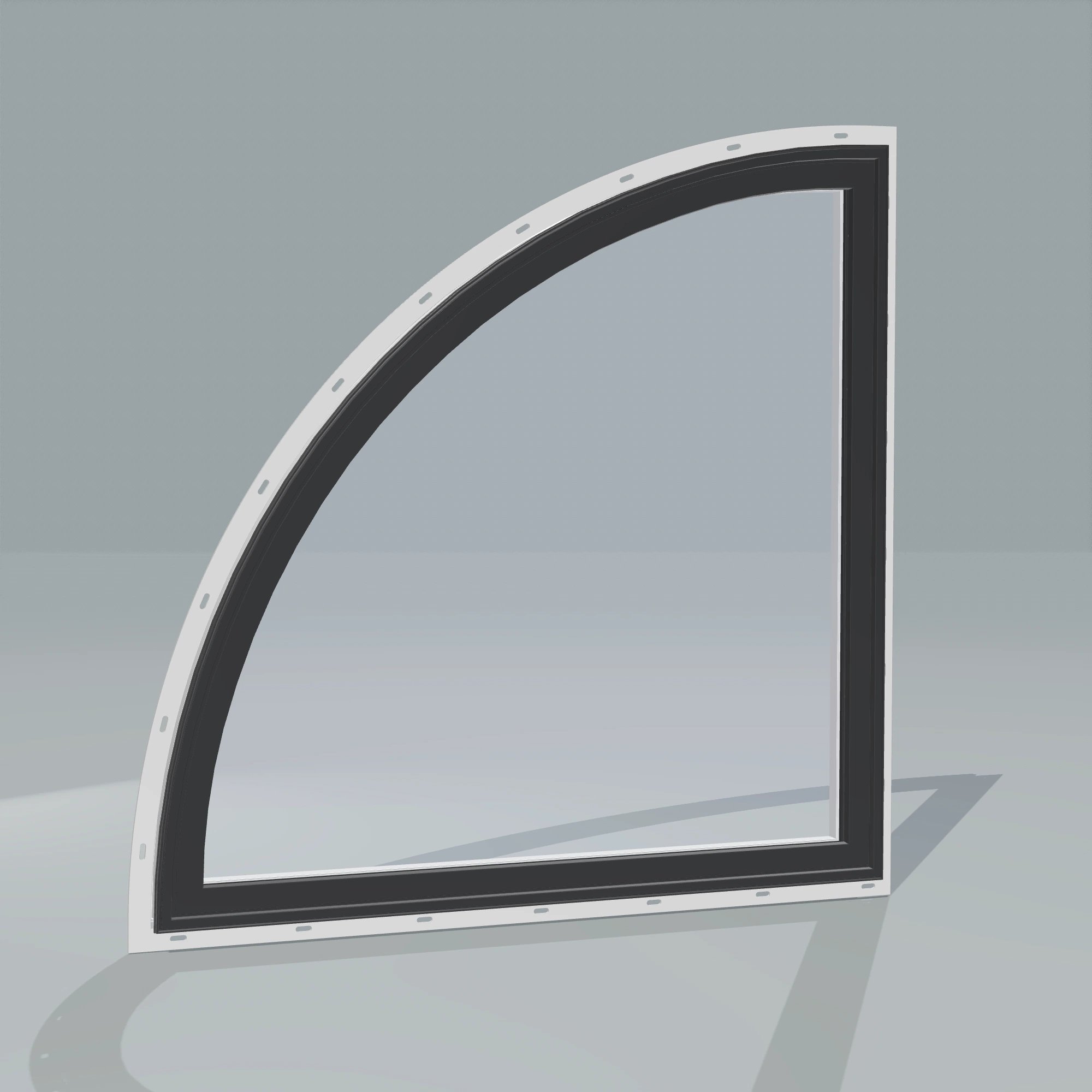 Angled exterior configurator view of the 36 × 36 inch quarter round (left), black exterior / white interior, with nailing flange