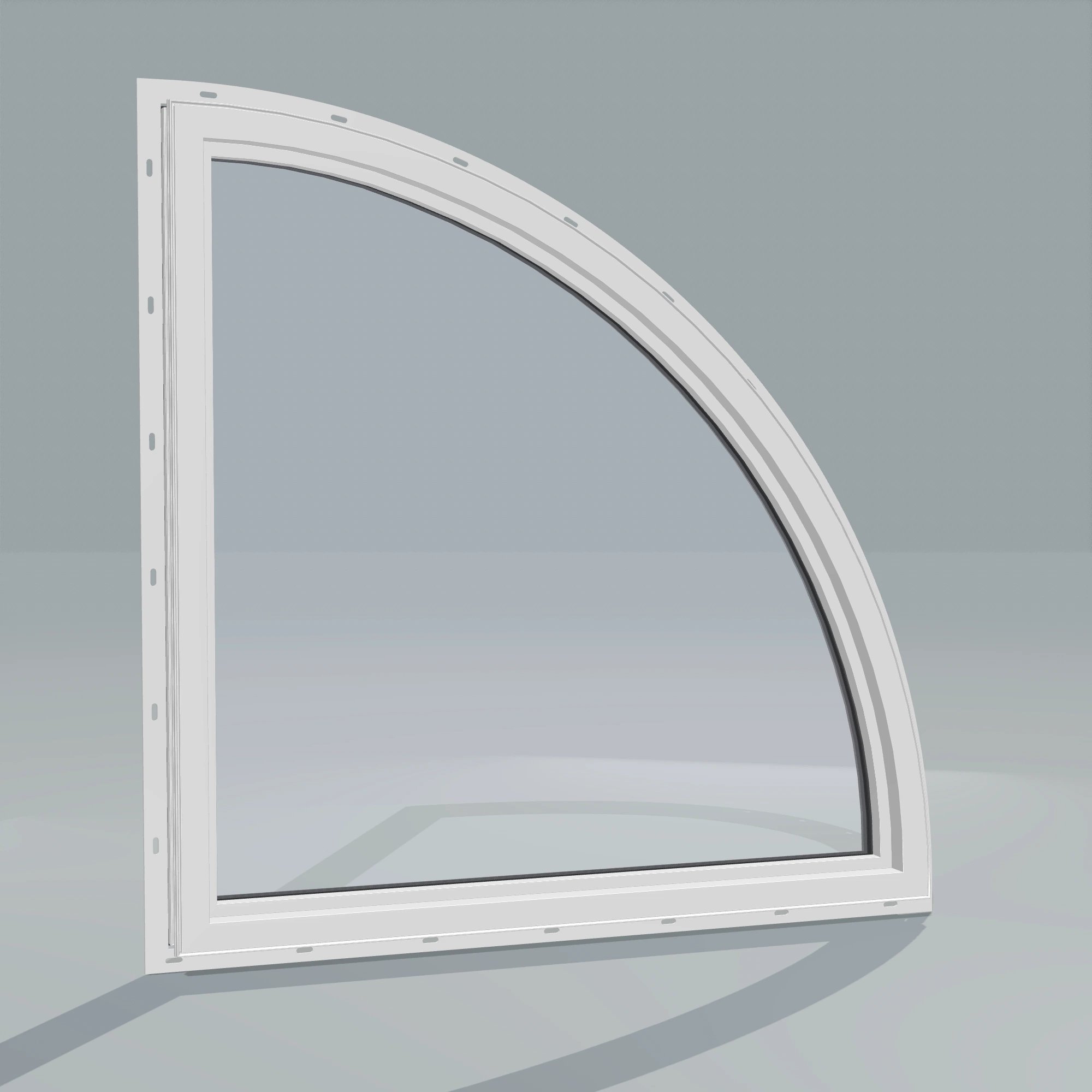 Angled interior view of the 36 × 36 inch quarter round (left), black exterior / white interior, with nailing flange