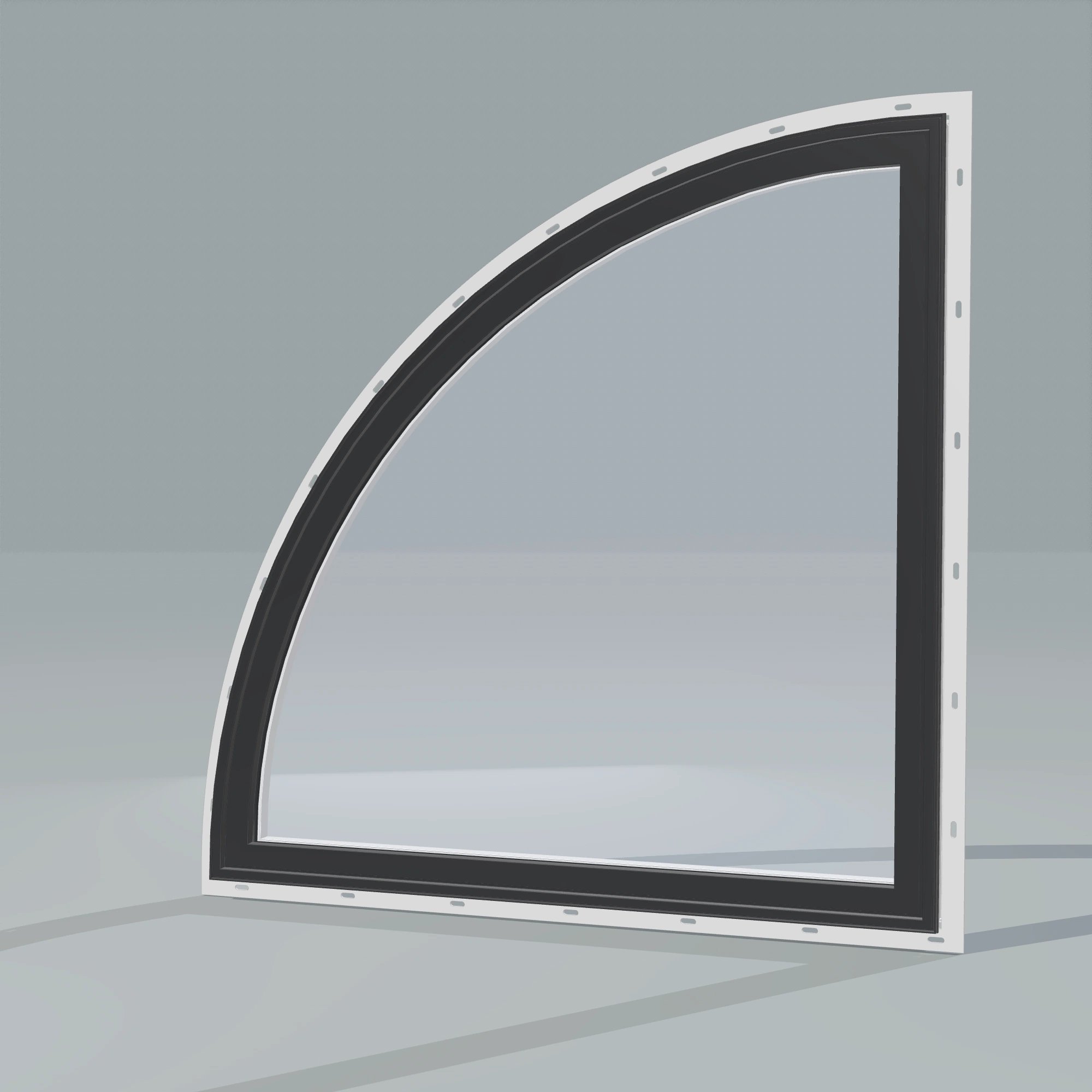 Opposite exterior angle of the 36 × 36 inch quarter round (left), black exterior / white interior, with nailing flange