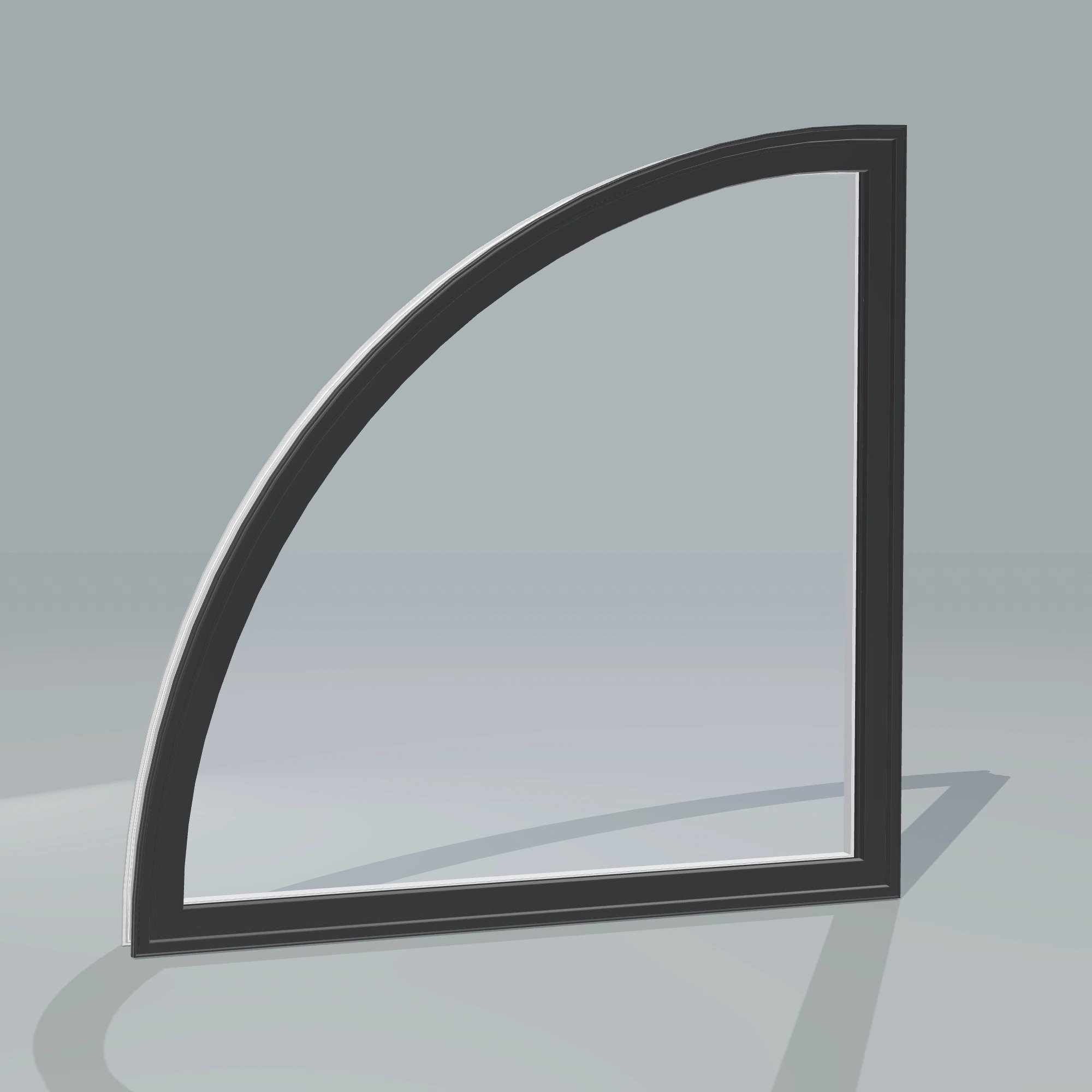 Angled exterior configurator view of the 36 × 36 inch quarter round (left), black exterior / white interior, without nailing flange