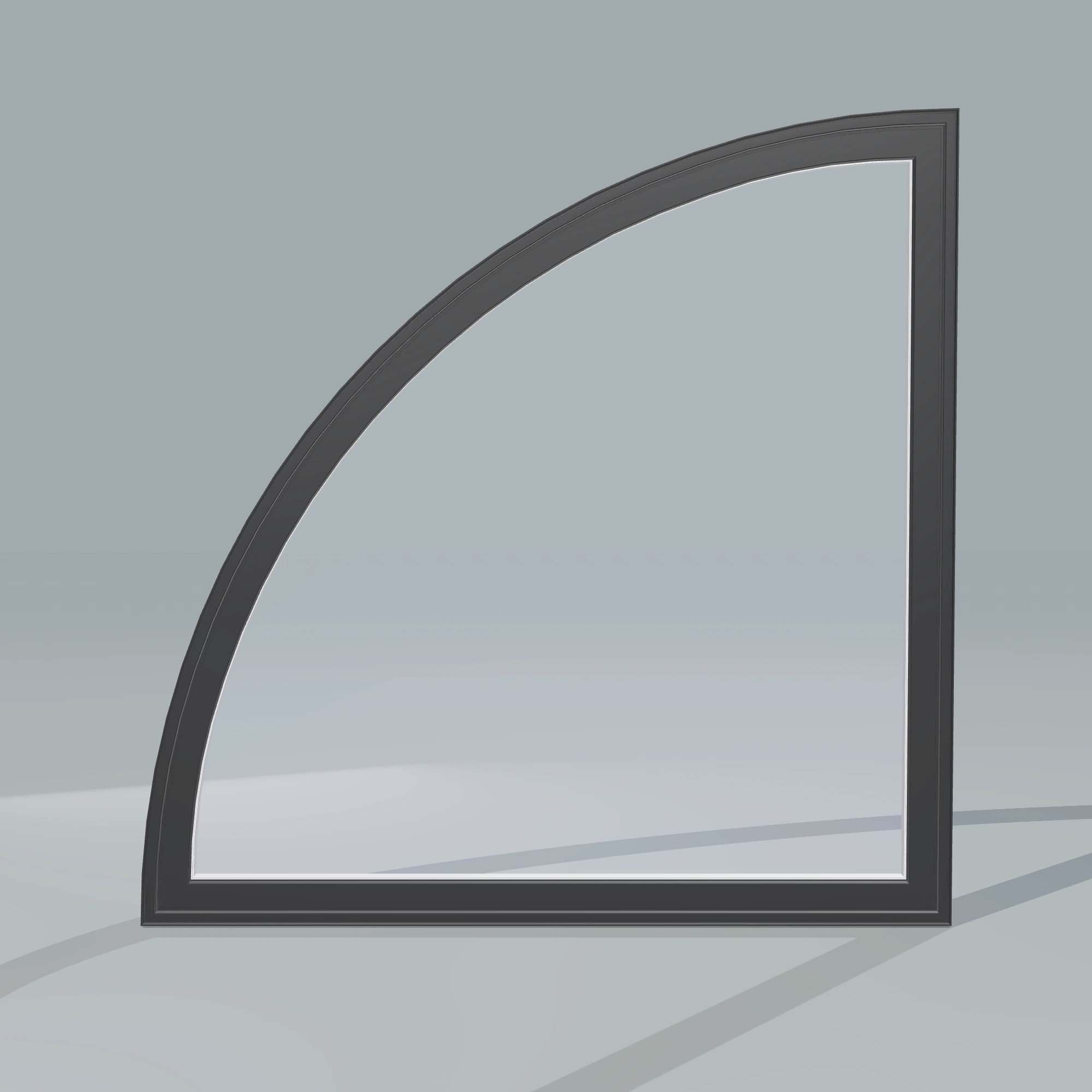 Straight exterior view of the 36 × 36 inch quarter round (left), black exterior / white interior, without nailing flange