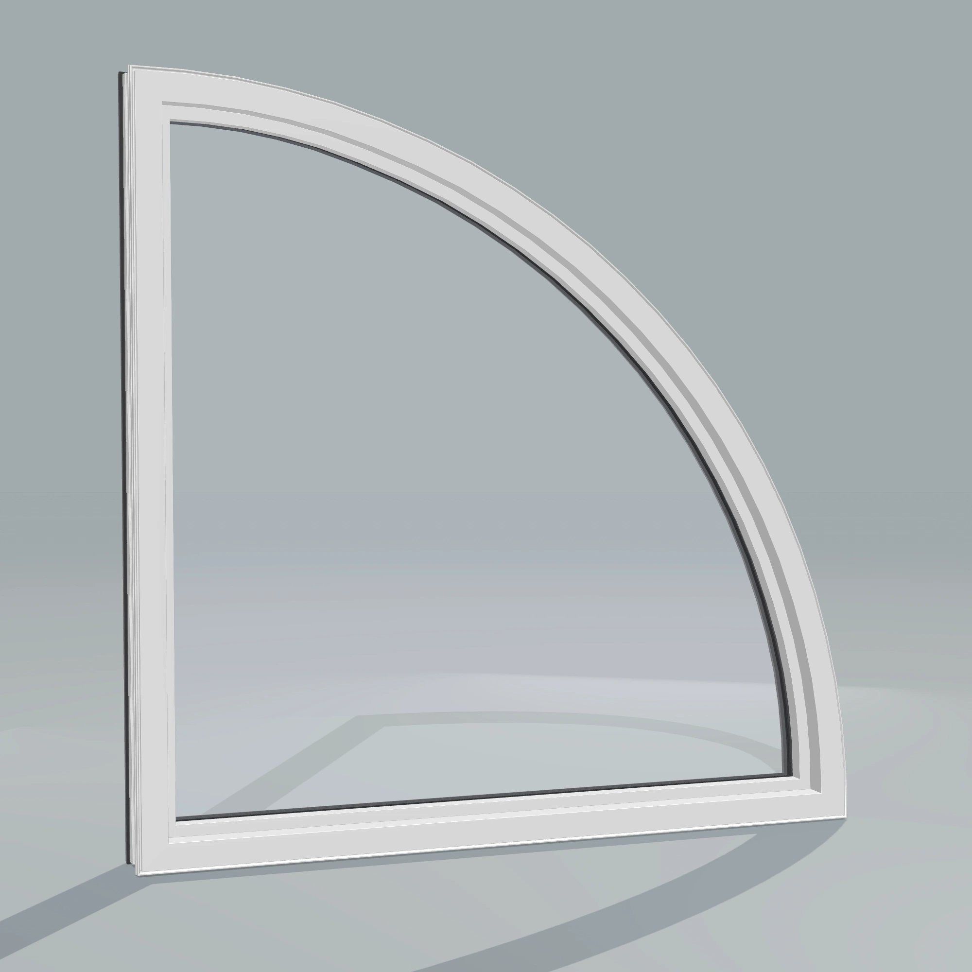 Angled interior view of the 36 × 36 inch quarter round (left), black exterior / white interior, without nailing flange