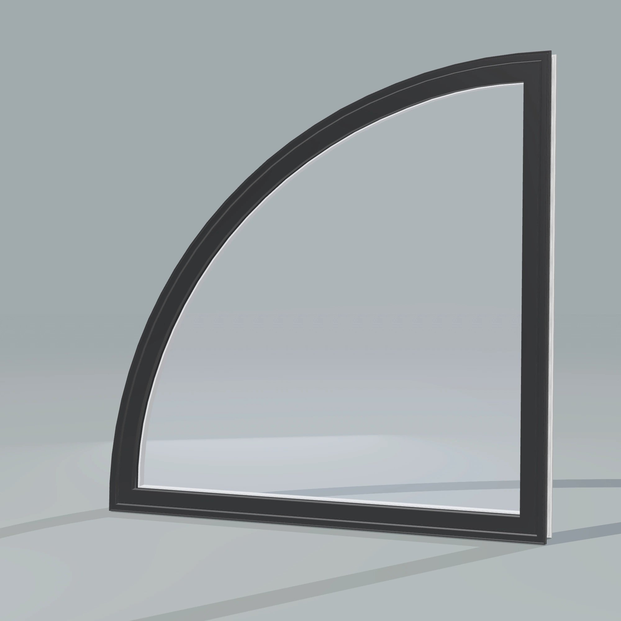 Opposite exterior angle of the 36 × 36 inch quarter round (left), black exterior / white interior, without nailing flange