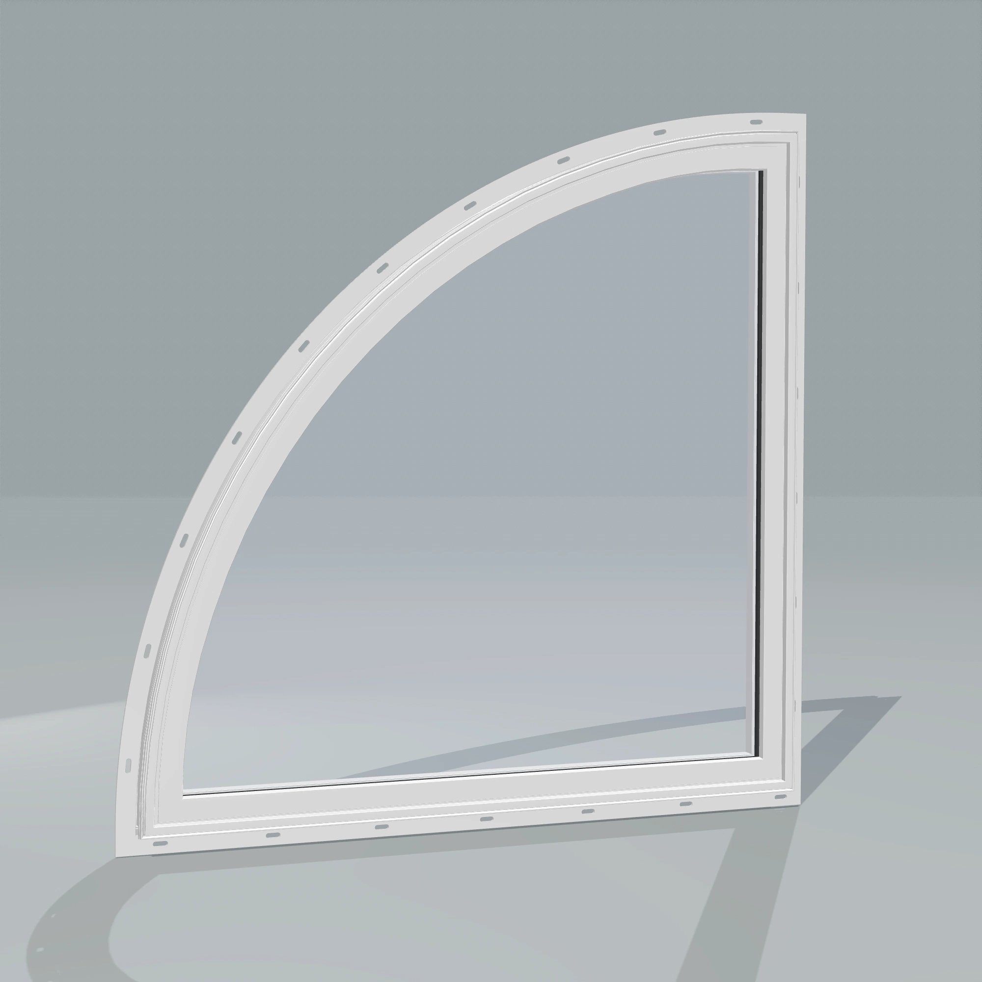 Angled exterior configurator view of the 36 × 36 inch quarter round (left), white exterior / white interior, with nailing flange