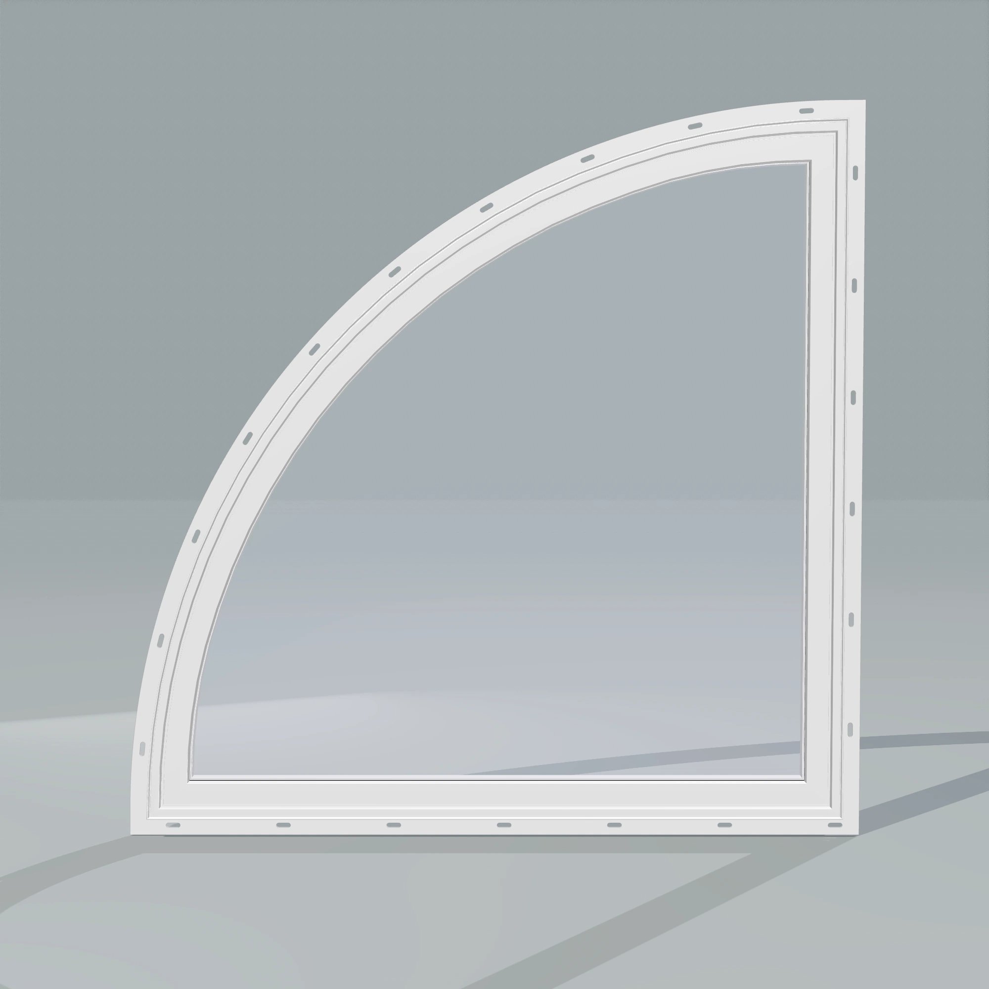 Straight exterior view of the 36 × 36 inch quarter round (left), white exterior / white interior, with nailing flange