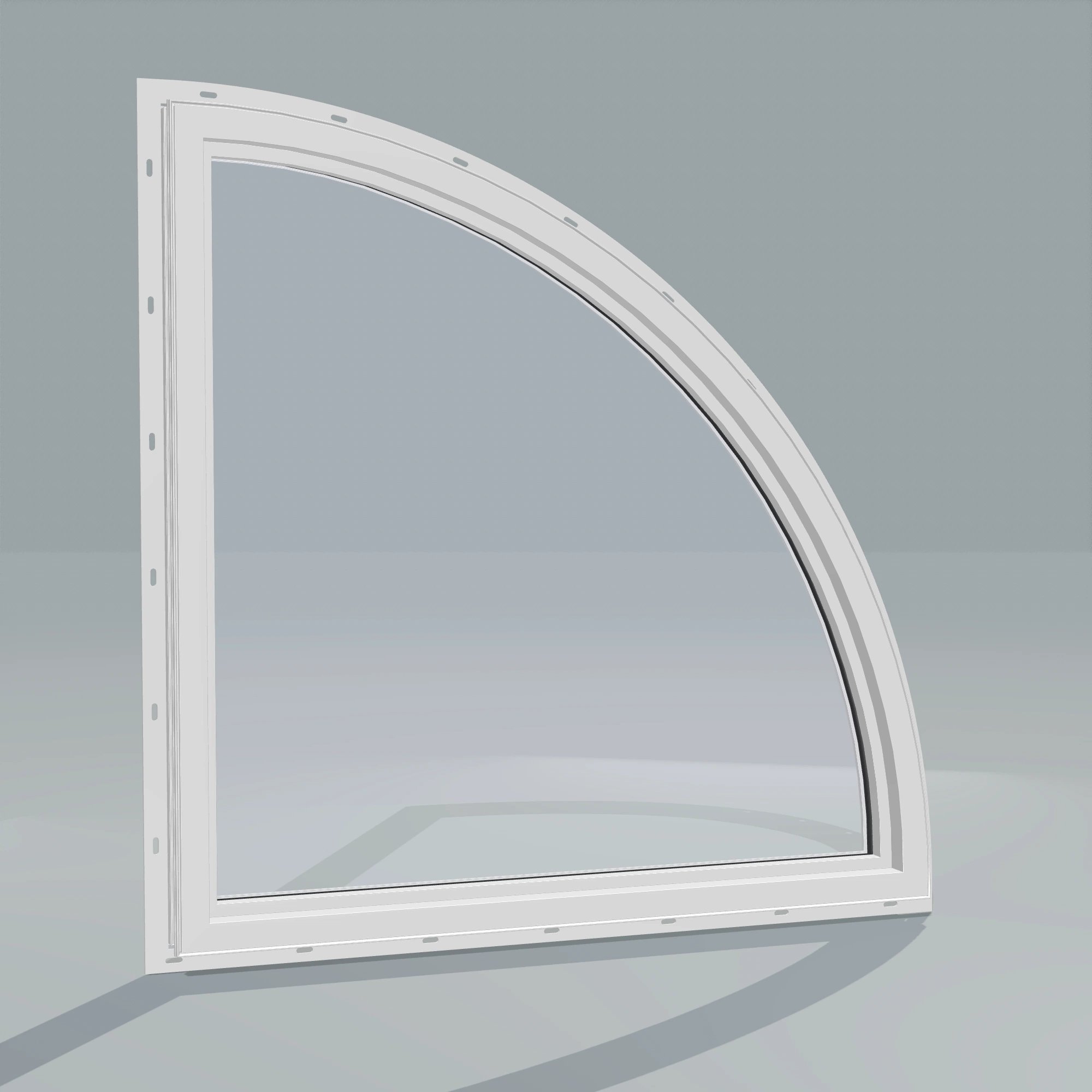 Angled interior view of the 36 × 36 inch quarter round (left), white exterior / white interior, with nailing flange
