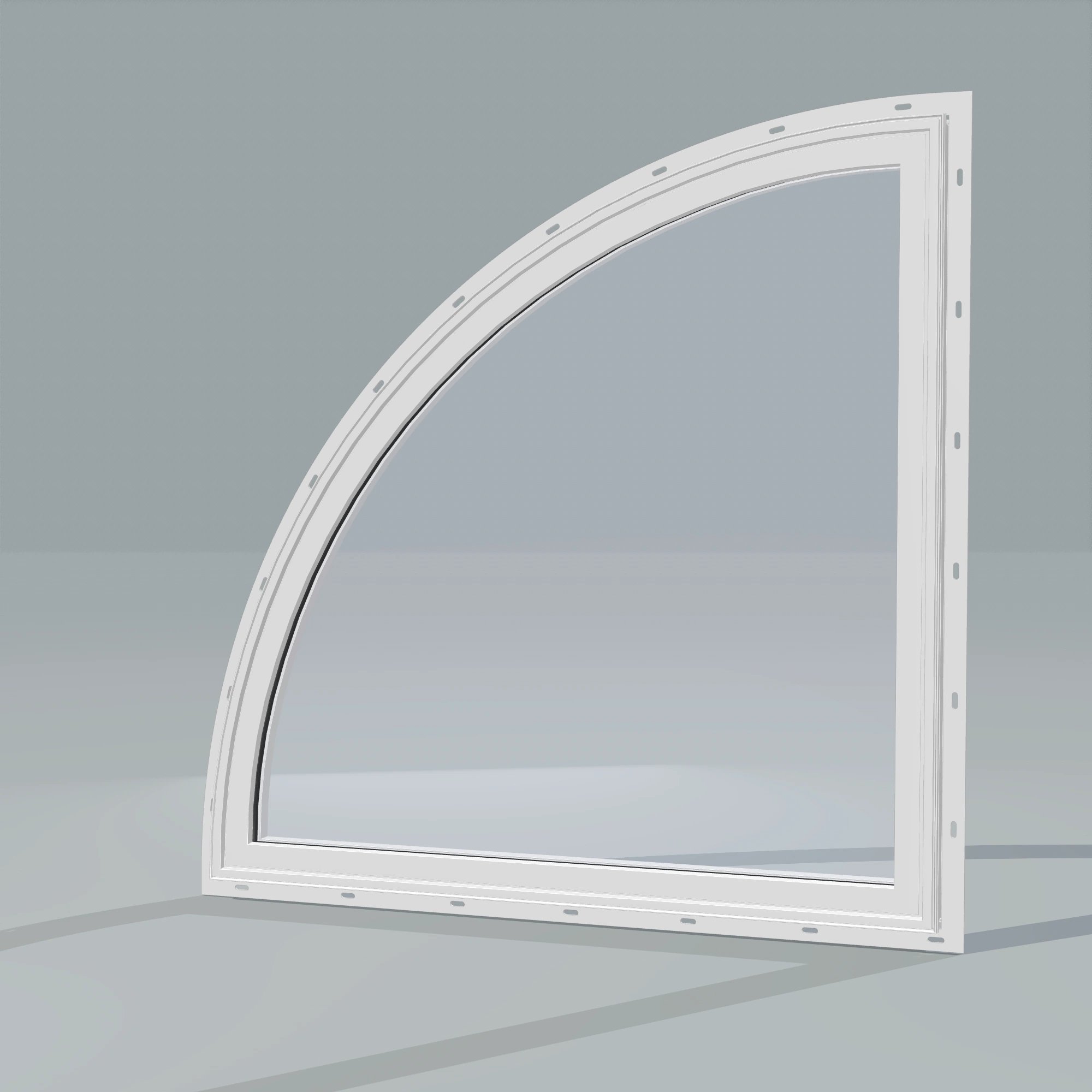 Opposite exterior angle of the 36 × 36 inch quarter round (left), white exterior / white interior, with nailing flange