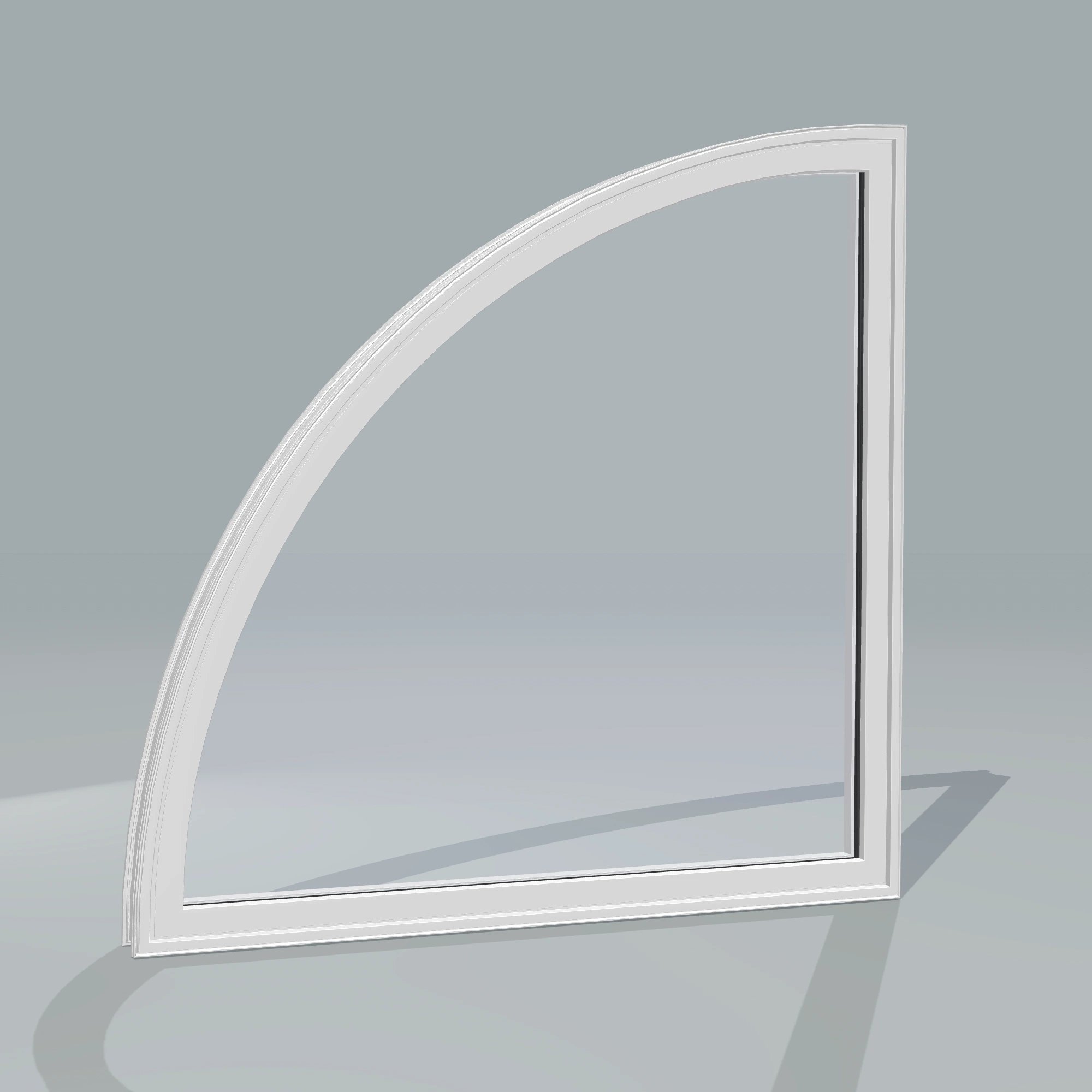 Angled exterior configurator view of the 36 × 36 inch quarter round (left), white exterior / white interior, without nailing flange