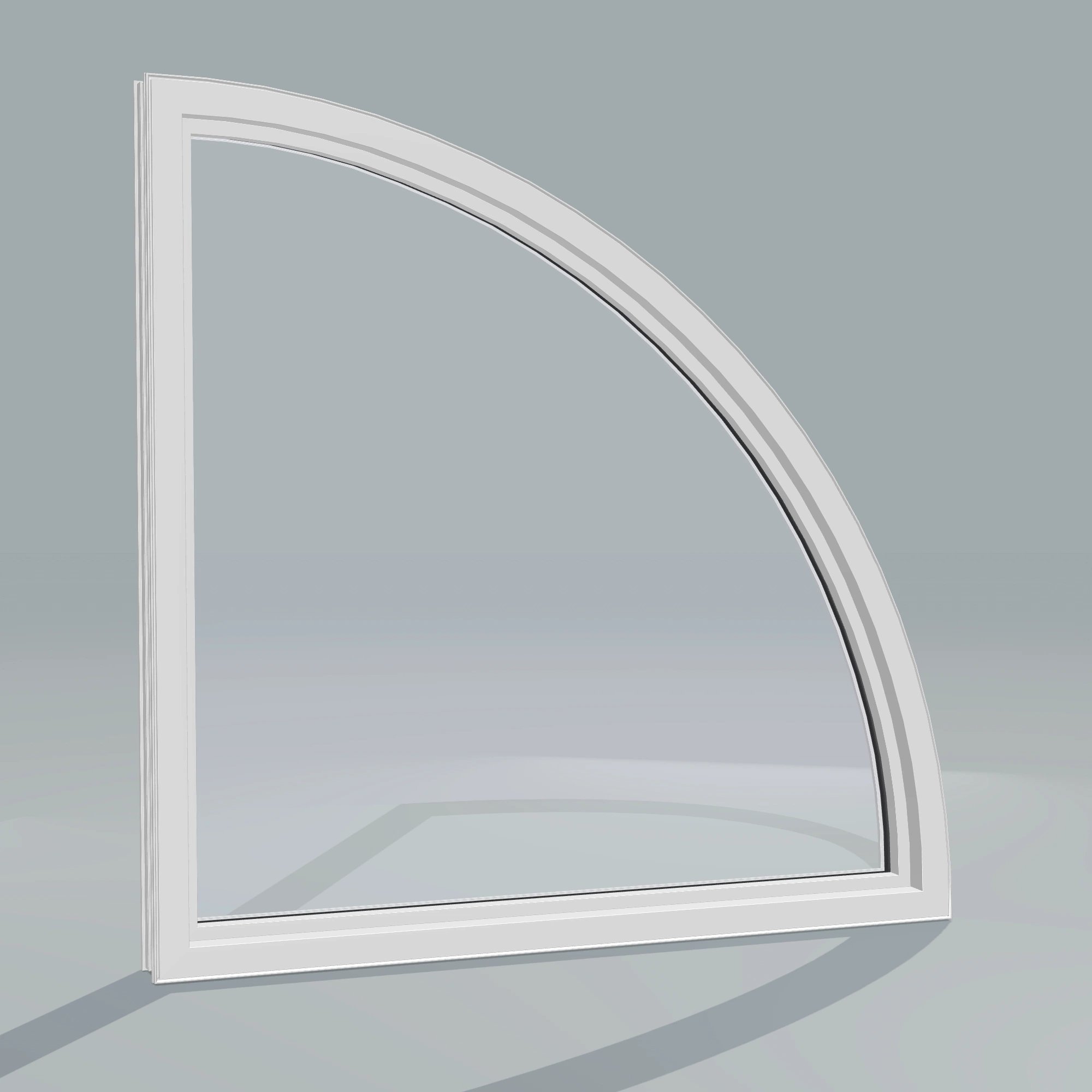 Angled interior view of the 36 × 36 inch quarter round (left), white exterior / white interior, without nailing flange