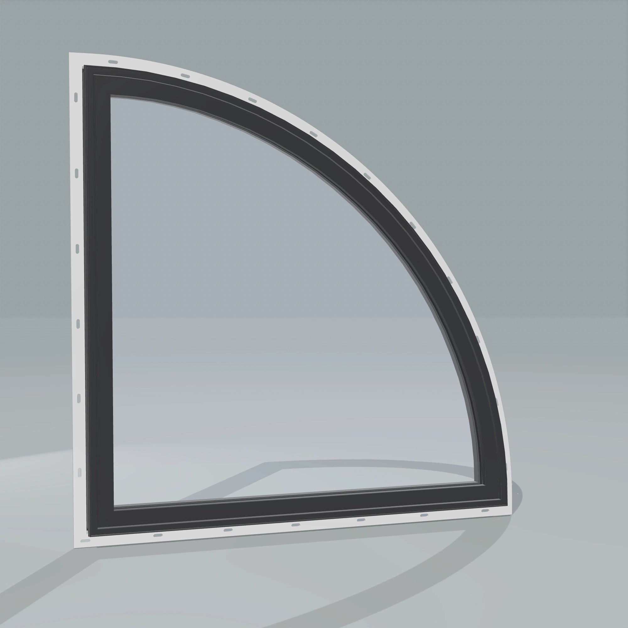 Angled exterior configurator view of the 36 × 36 inch quarter round (right), black exterior / black interior, with nailing flange