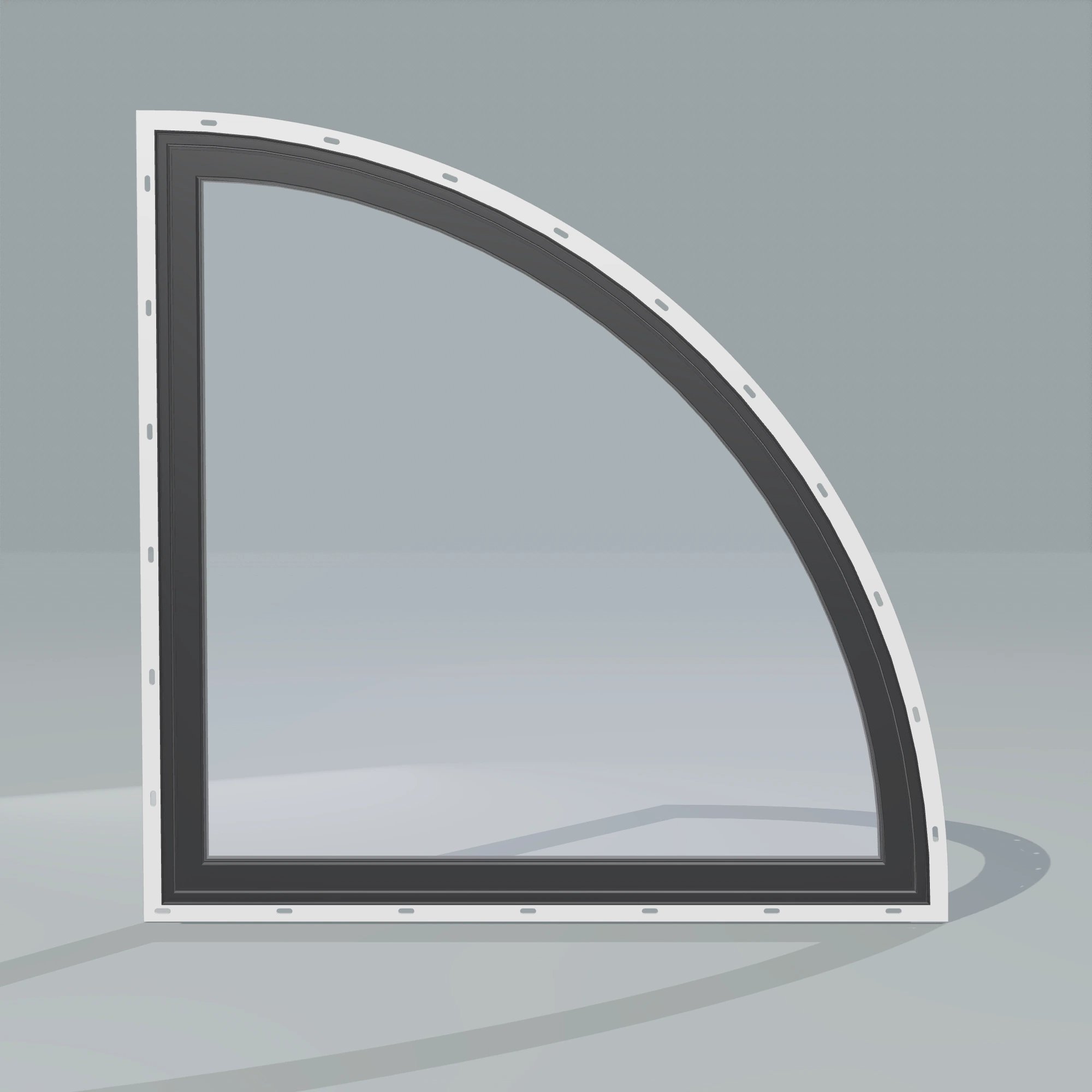 Straight exterior view of the 36 × 36 inch quarter round (right), black exterior / black interior, with nailing flange
