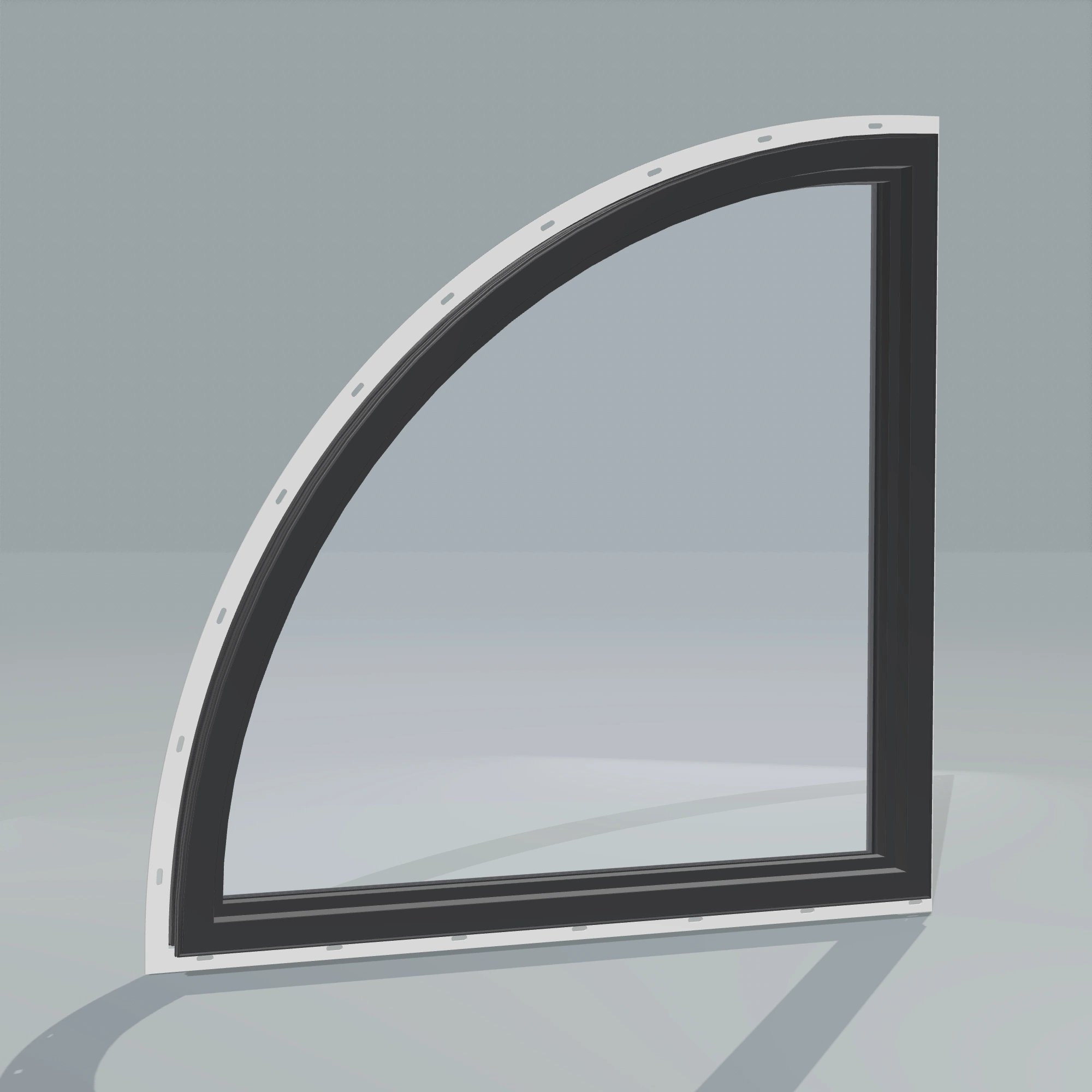 Angled interior view of the 36 × 36 inch quarter round (right), black exterior / black interior, with nailing flange