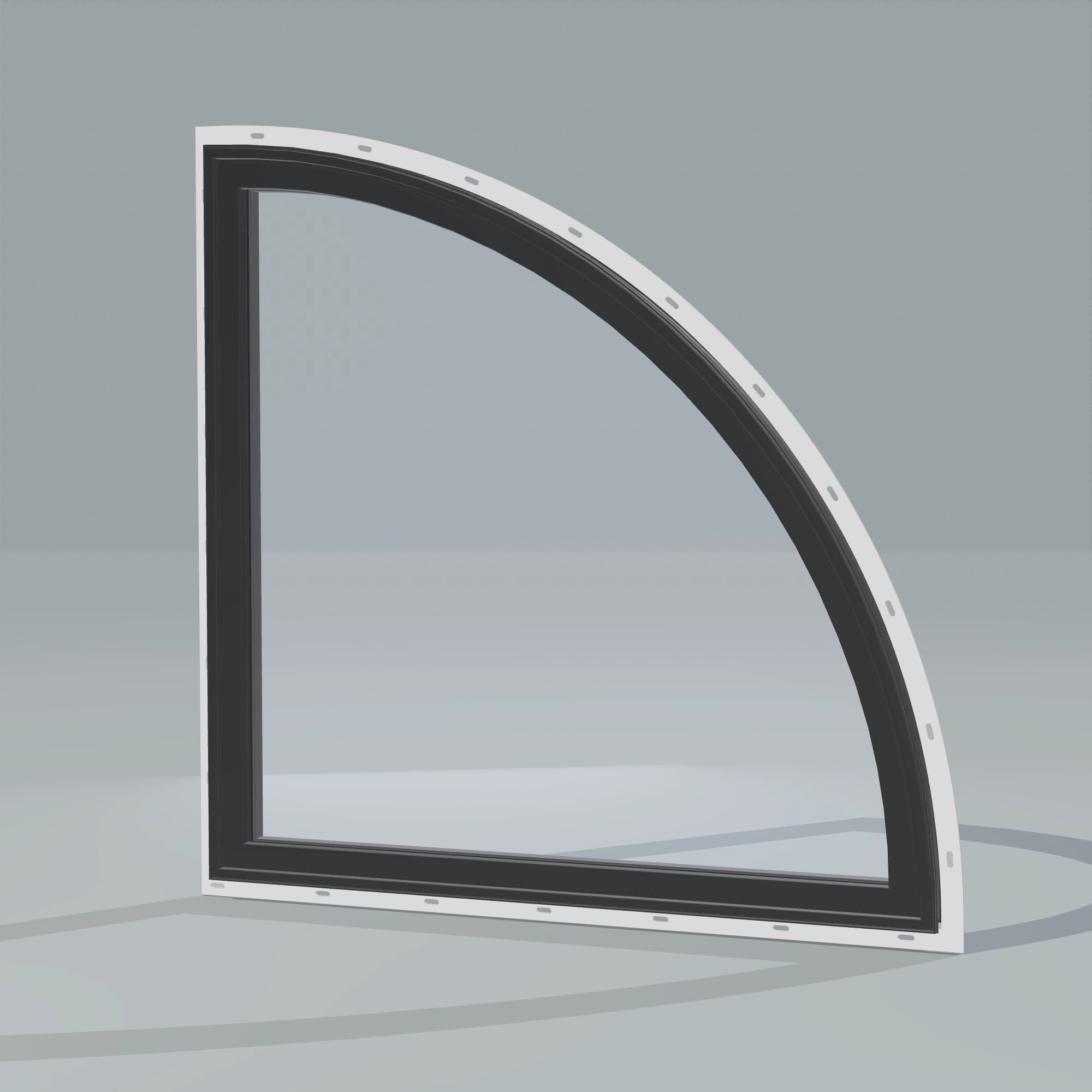 Opposite exterior angle of the 36 × 36 inch quarter round (right), black exterior / black interior, with nailing flange