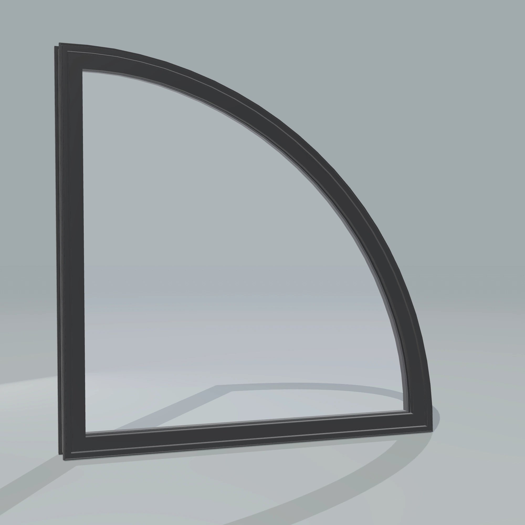 Angled exterior configurator view of the 36 × 36 inch quarter round (right), black exterior / black interior, without nailing flange