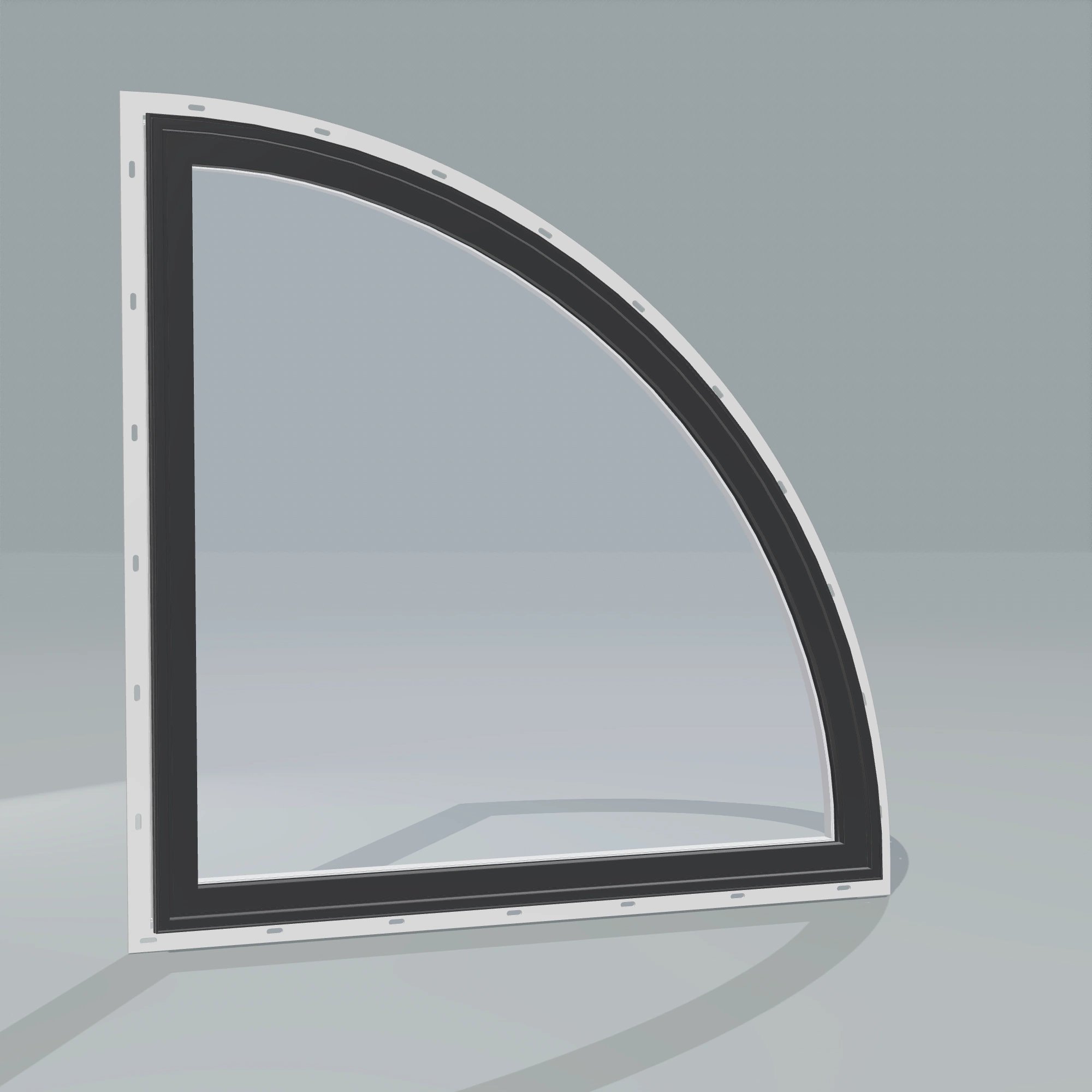 Angled exterior configurator view of the 36 × 36 inch quarter round (right), black exterior / white interior, with nailing flange