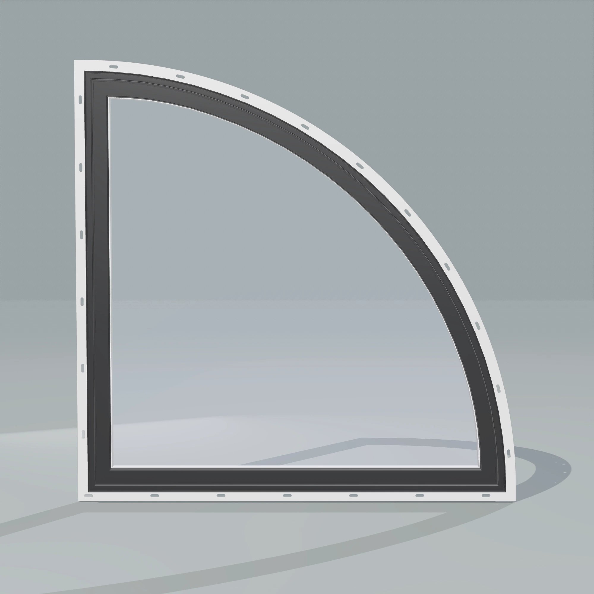 Straight exterior view of the 36 × 36 inch quarter round (right), black exterior / white interior, with nailing flange