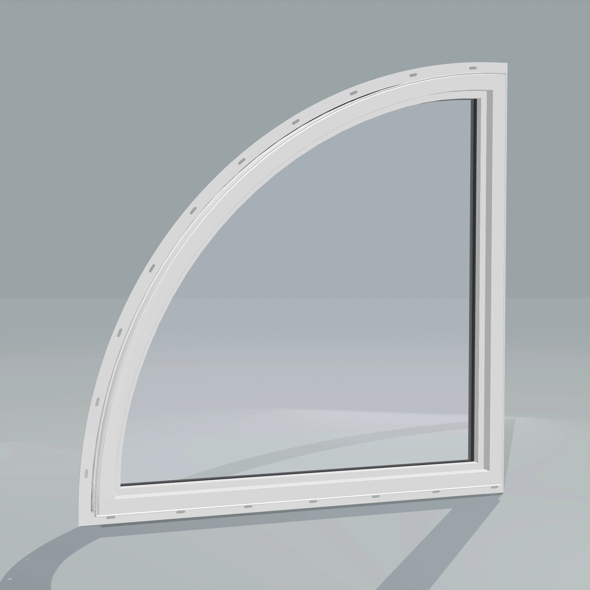 Angled interior view of the 36 × 36 inch quarter round (right), black exterior / white interior, with nailing flange