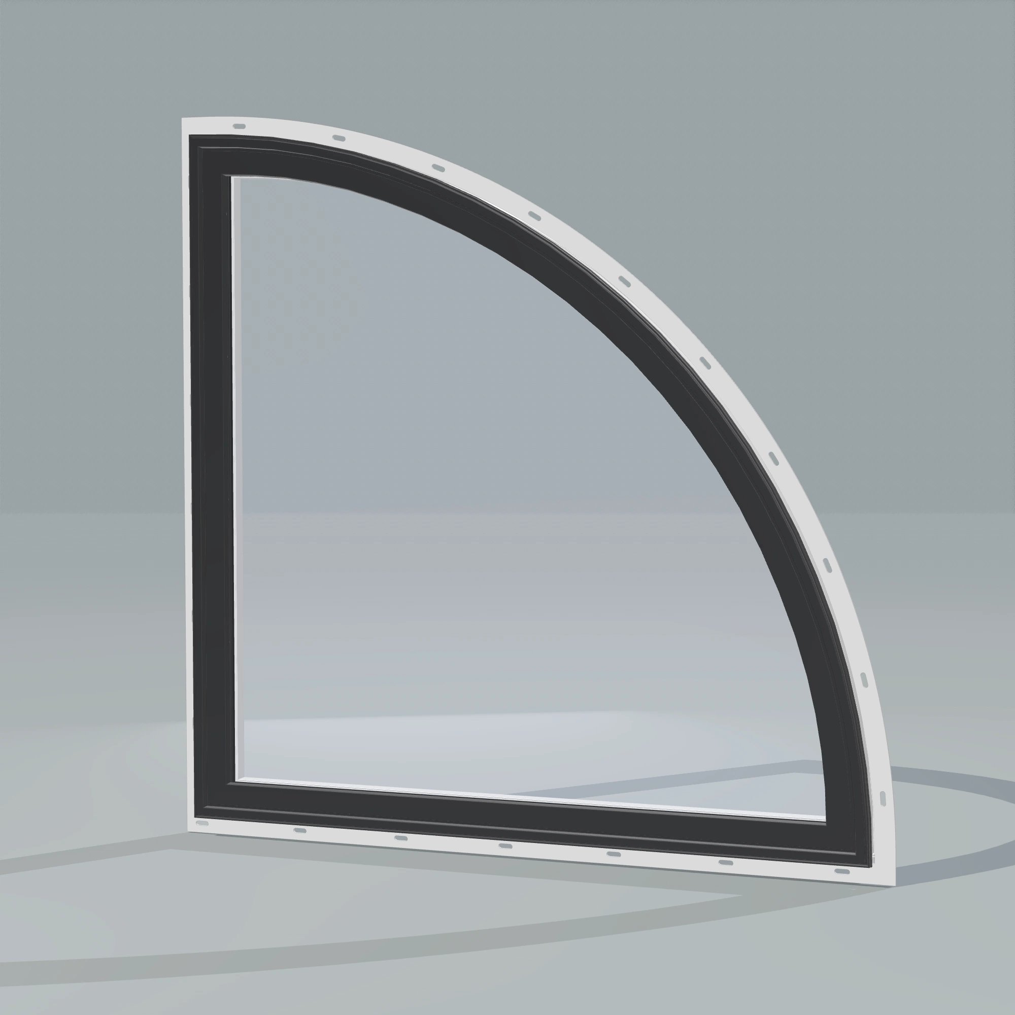 Opposite exterior angle of the 36 × 36 inch quarter round (right), black exterior / white interior, with nailing flange