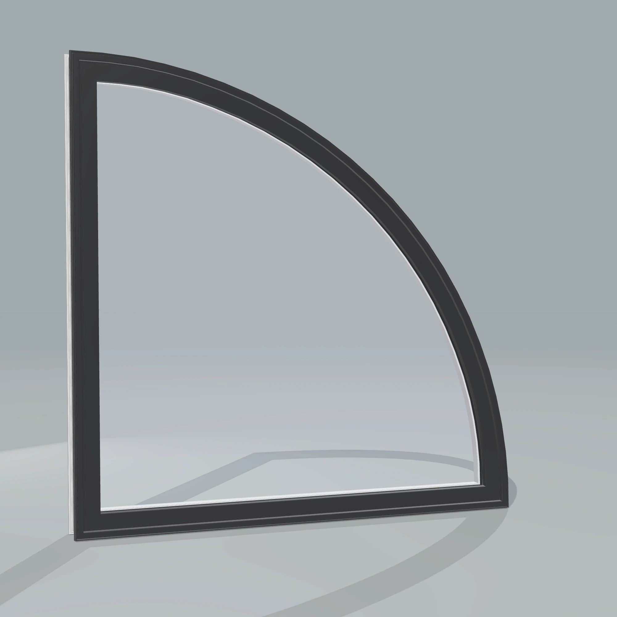Angled exterior configurator view of the 36 × 36 inch quarter round (right), black exterior / white interior, without nailing flange