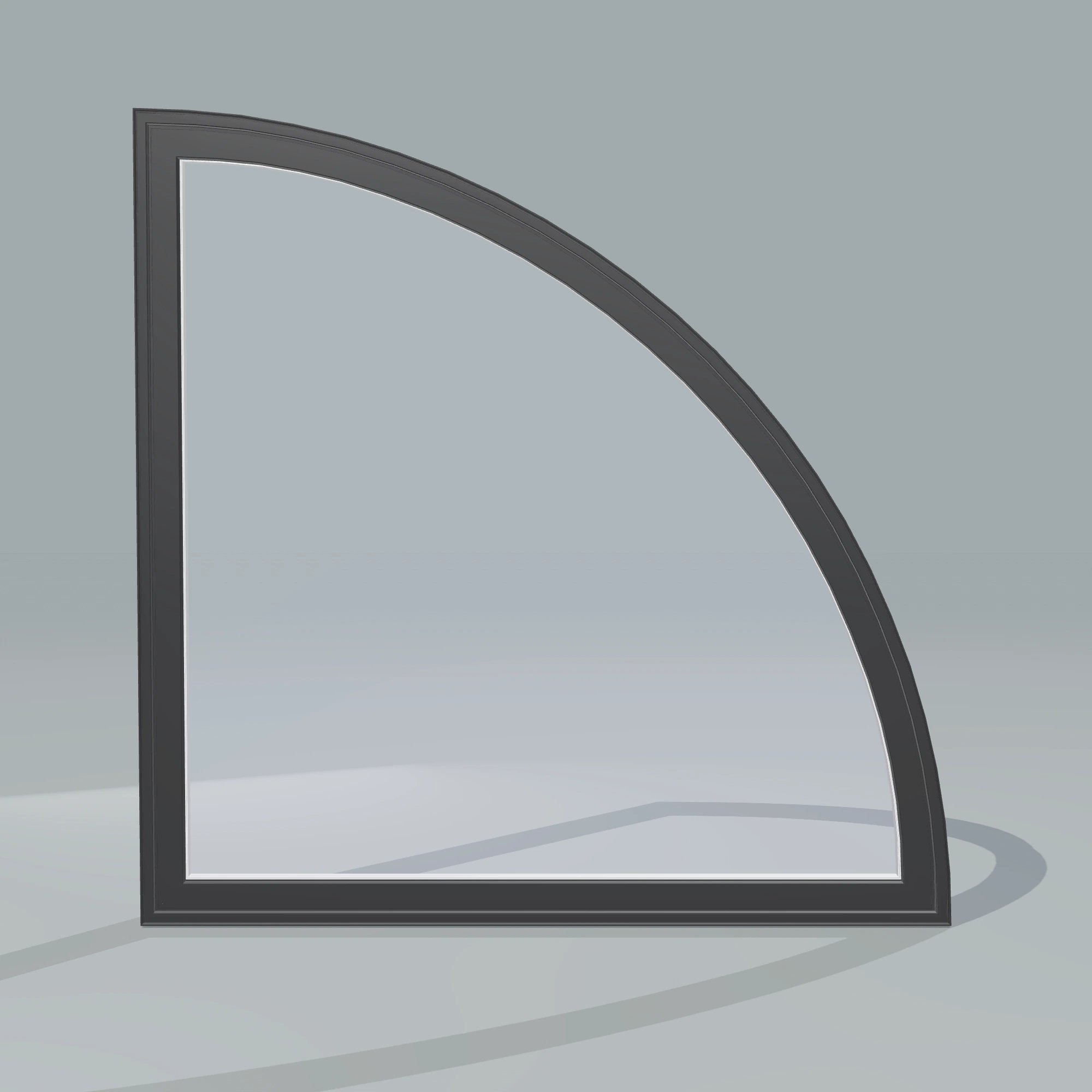 Straight exterior view of the 36 × 36 inch quarter round (right), black exterior / white interior, without nailing flange