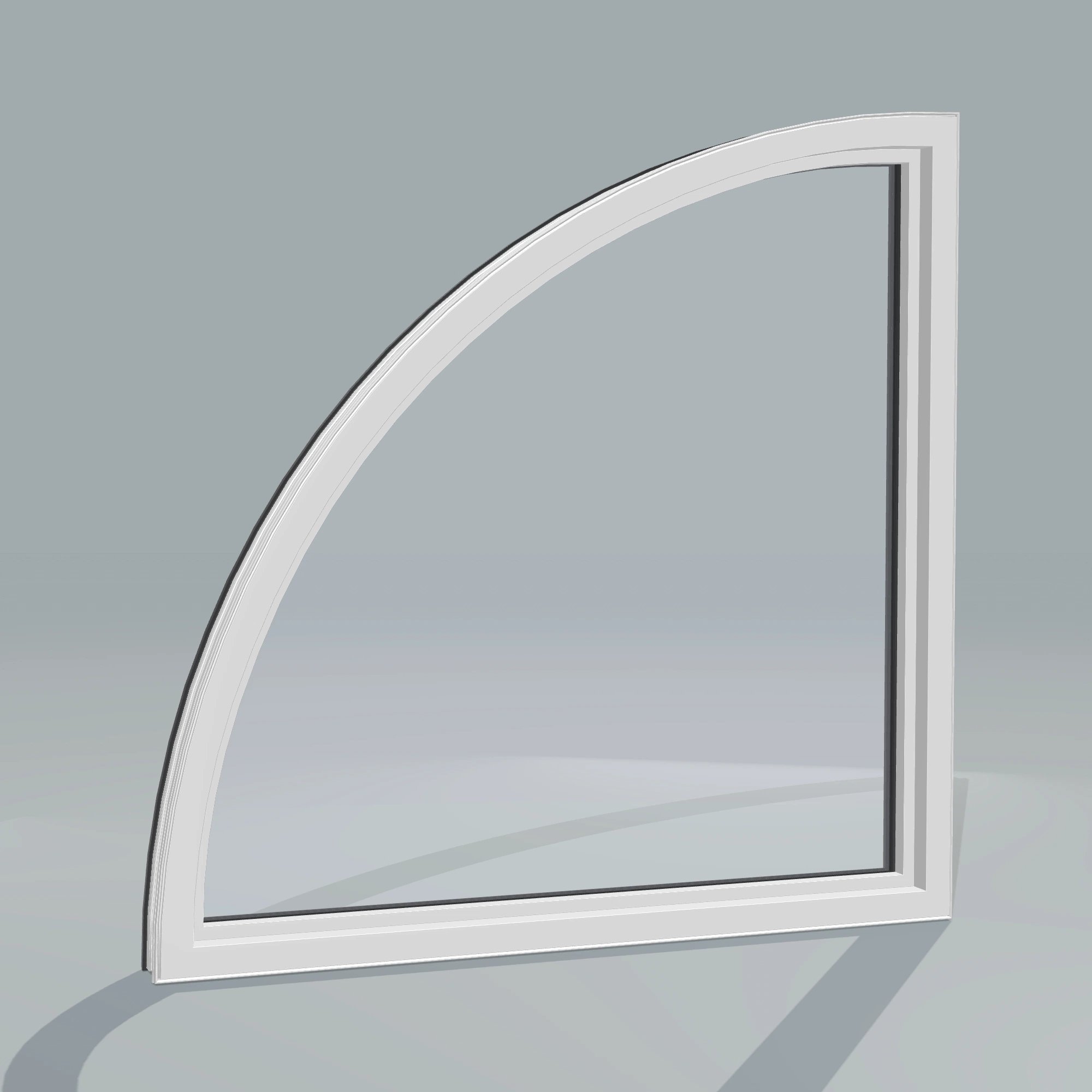 Angled interior view of the 36 × 36 inch quarter round (right), black exterior / white interior, without nailing flange